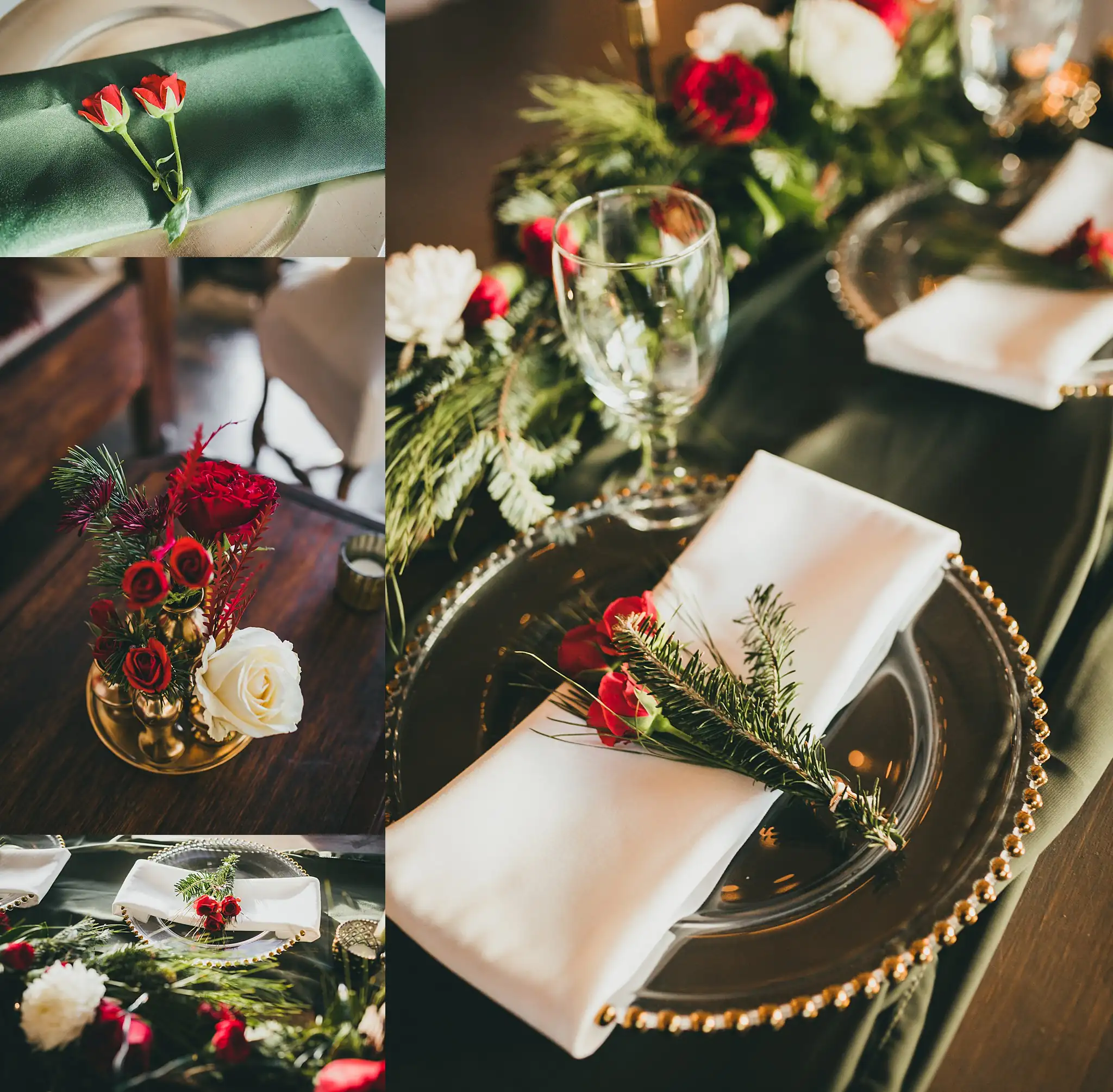 Reception Details: the settings with burgundy and white flowers, in a set, at their wedding at the Westside Warehouse in Atlanta, GA