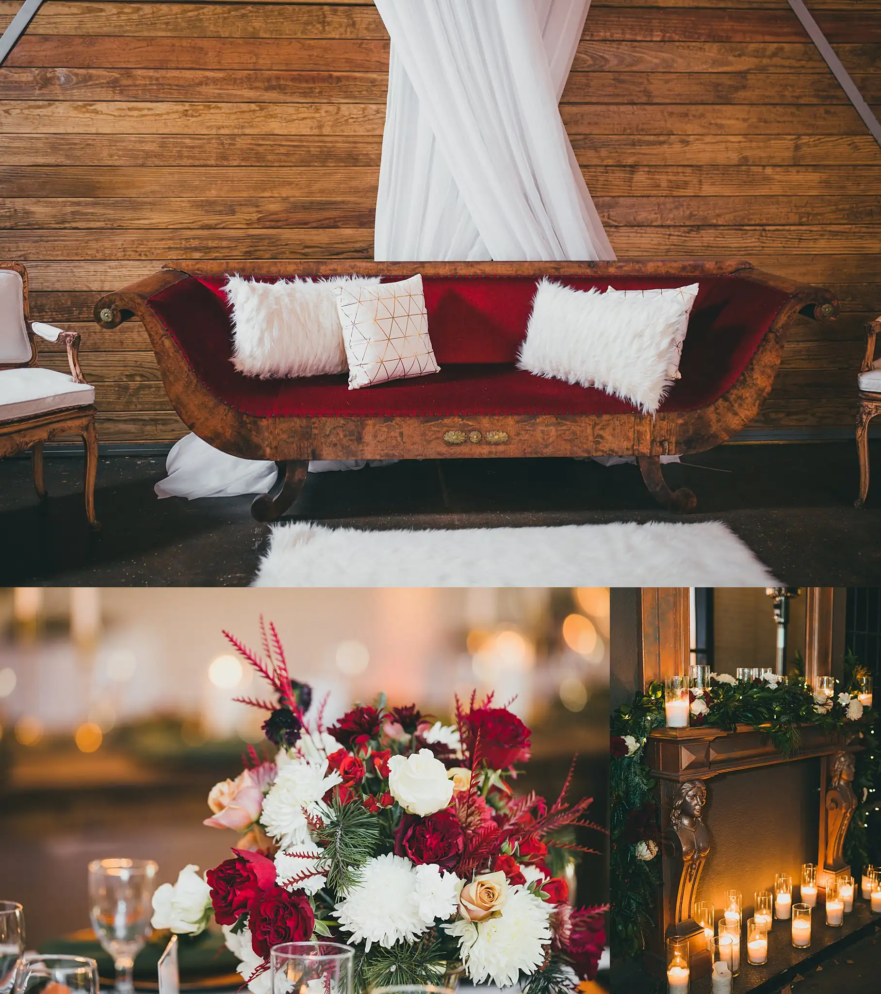 Reception Details: a velvet lounge sofa and candlelit florals, in a set, at their wedding at the Westside Warehouse in Atlanta, GA