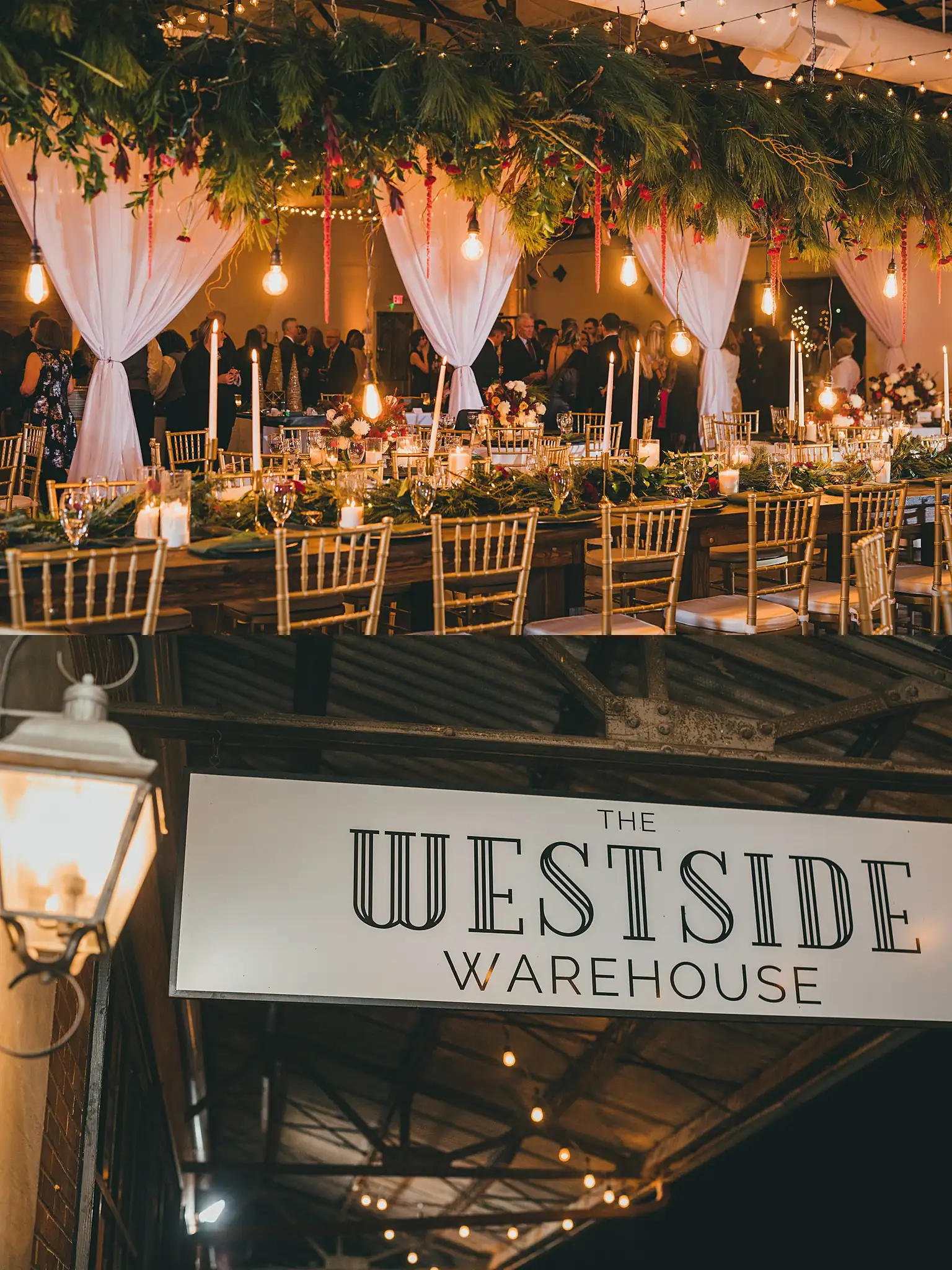 Reception Details: the draped reception room, and the venue's sign, at their wedding at the Westside Warehouse in Atlanta, GA
