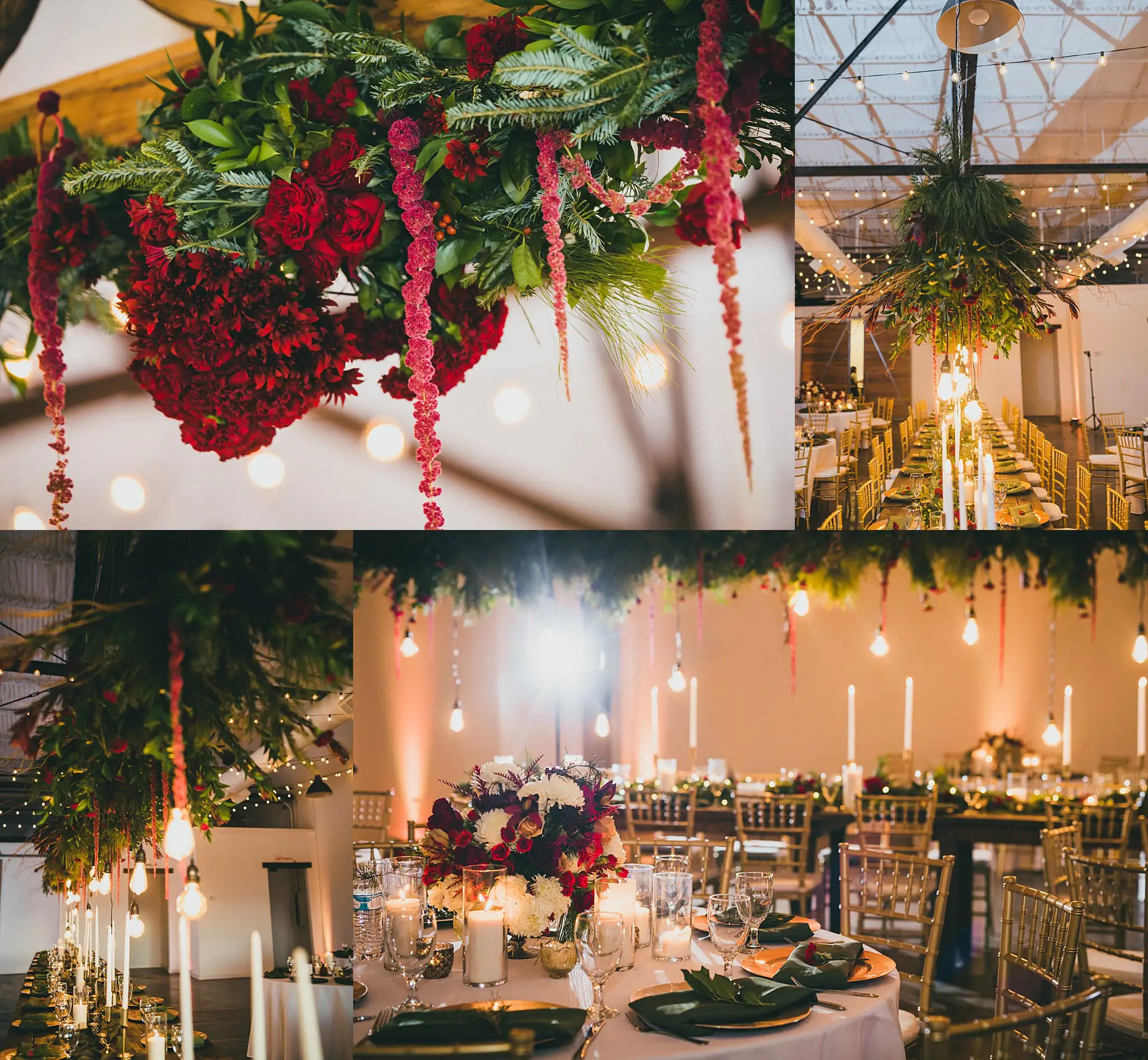 Reception Details: greenery and amaranthus hung over the tables, in a set, at their wedding at the Westside Warehouse in Atlanta, GA