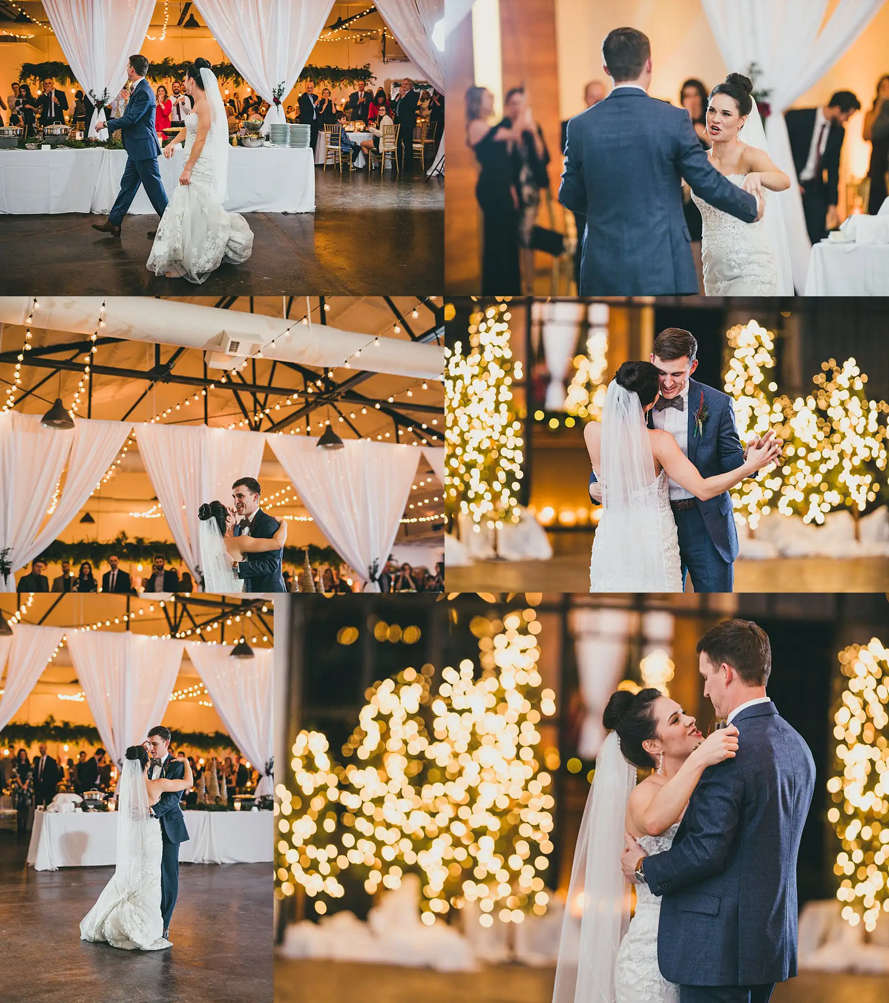 First Dance: the first dance among the lit trees, in a set, at their wedding at the Westside Warehouse in Atlanta, GA
