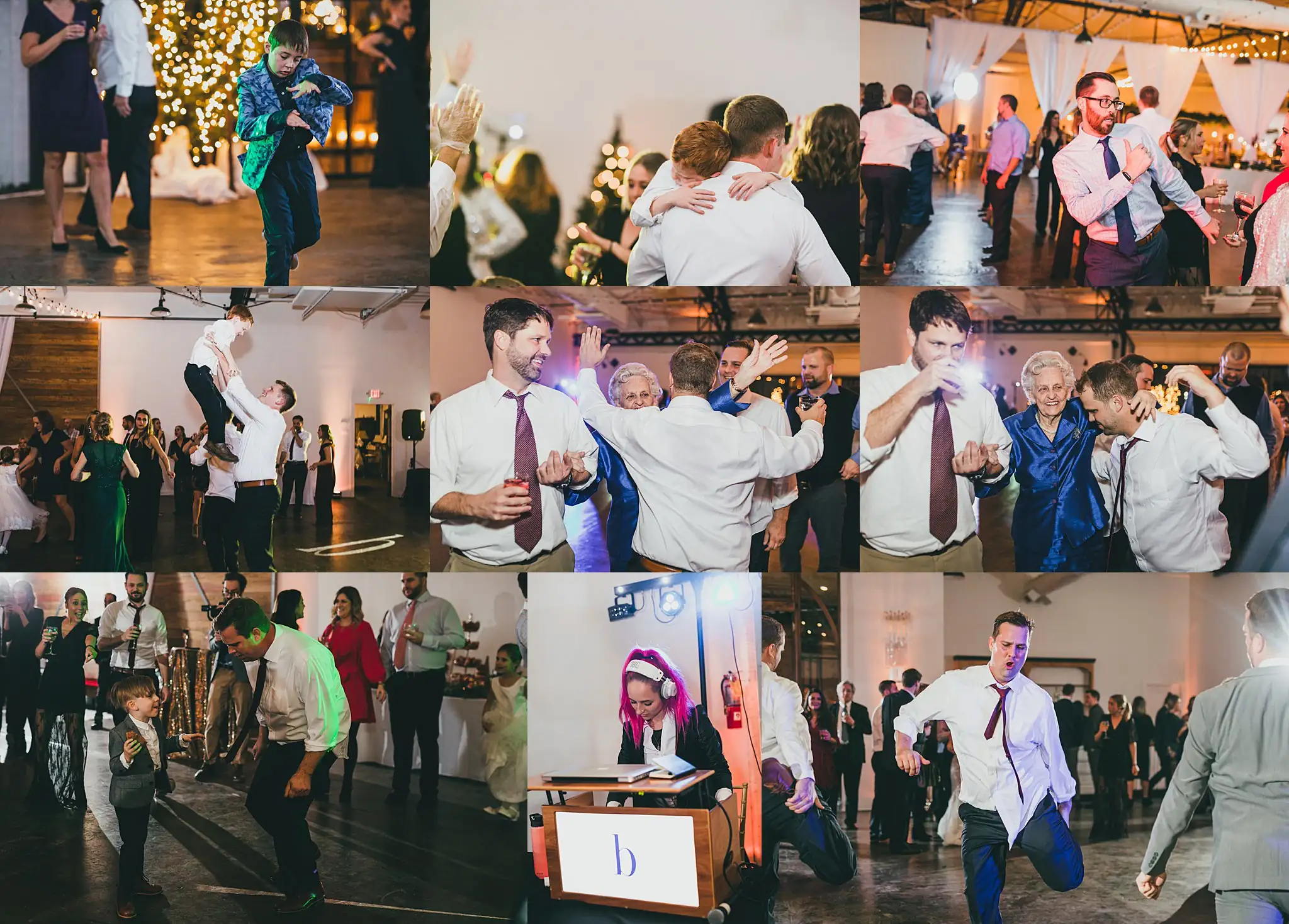 Wedding Reception: the guests out on the dance floor, in a set, at their wedding at the Westside Warehouse in Atlanta, GA