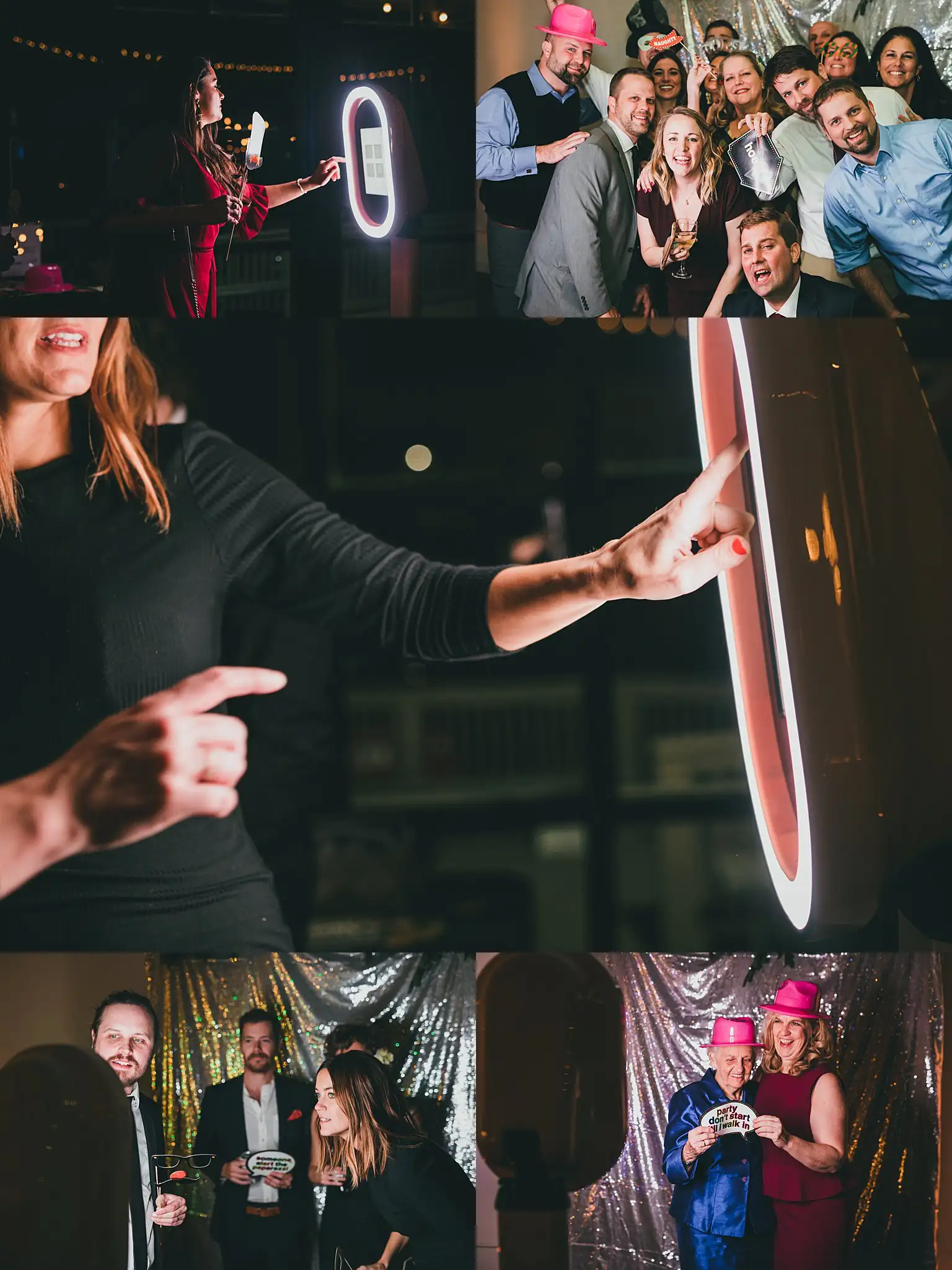 Wedding Reception: a guest reaching for the booth screen, in a set, at their wedding at the Westside Warehouse in Atlanta, GA