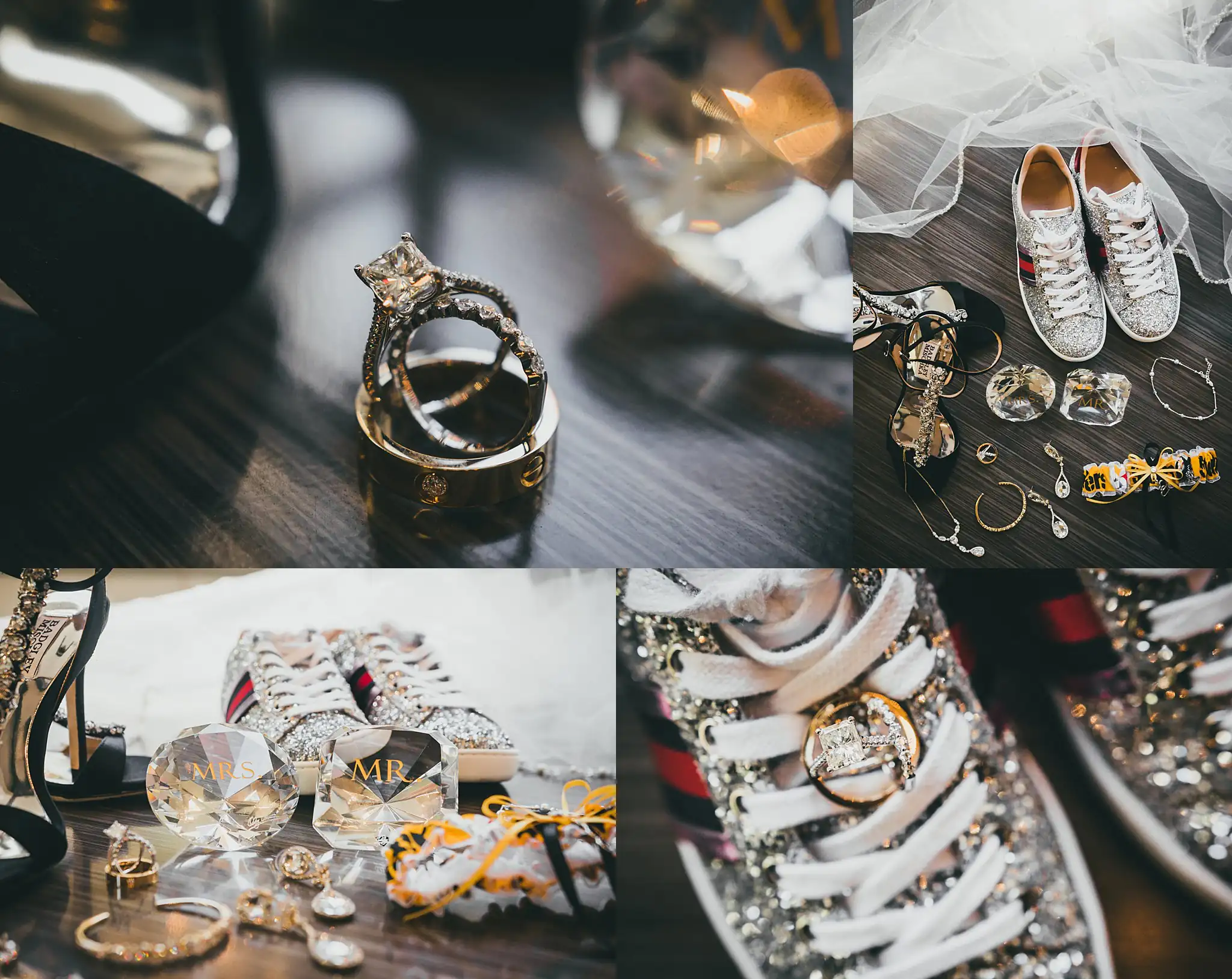 AtlantaWeddingPhotographers_0652.jpg Wedding Details: the rings, the gold jewelry and the crystalled shoes, in a set, at a wedding at the Country Club of the South in Johns Creek, GA