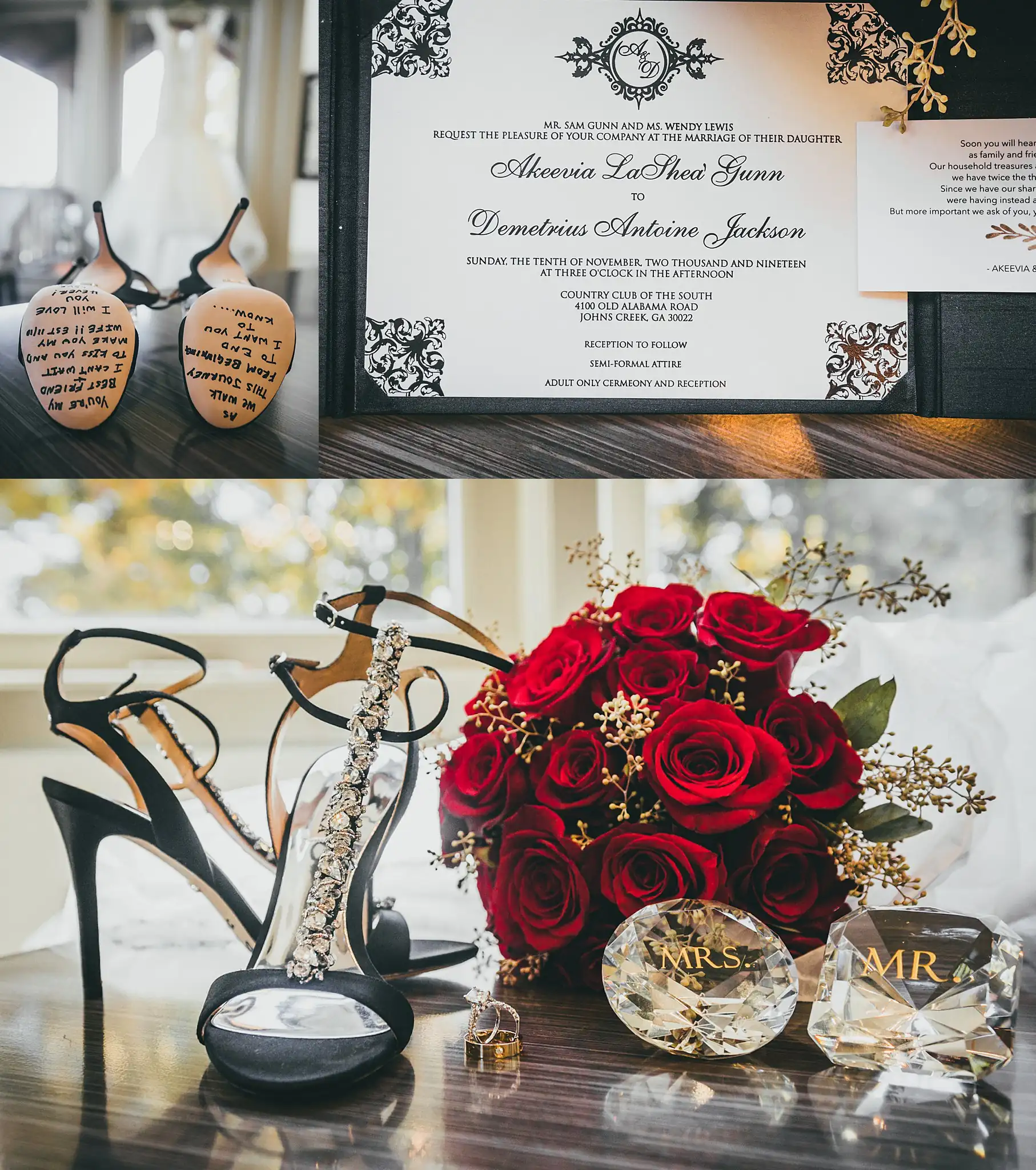 AtlantaWeddingPhotographers_0653.jpg Wedding Details: the black and gold invitation with red roses, in a set, at a wedding at the Country Club of the South in Johns Creek, GA