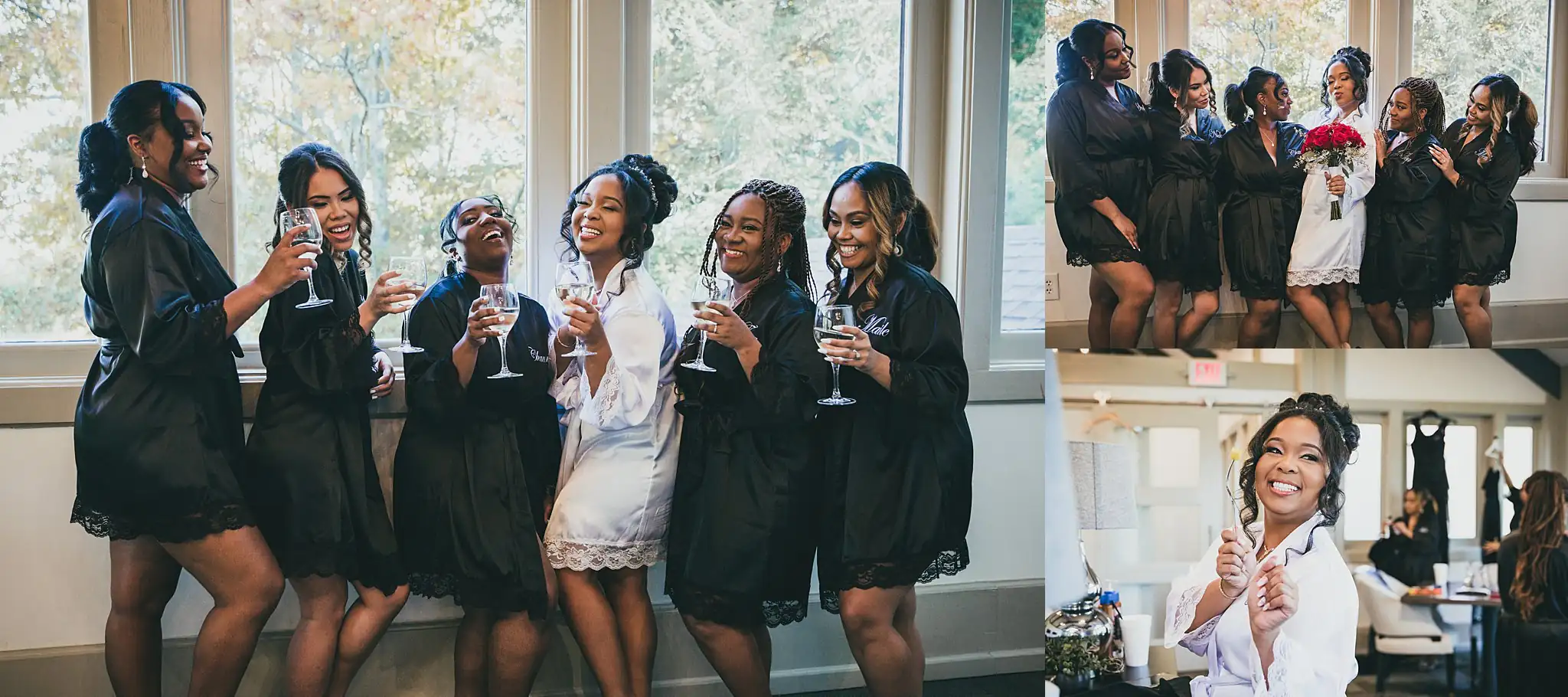 AtlantaWeddingPhotographers_0656.jpg Getting Ready: the bridesmaids in black robes, glasses up, in a set, before their wedding at the Country Club of the South in Johns Creek, GA