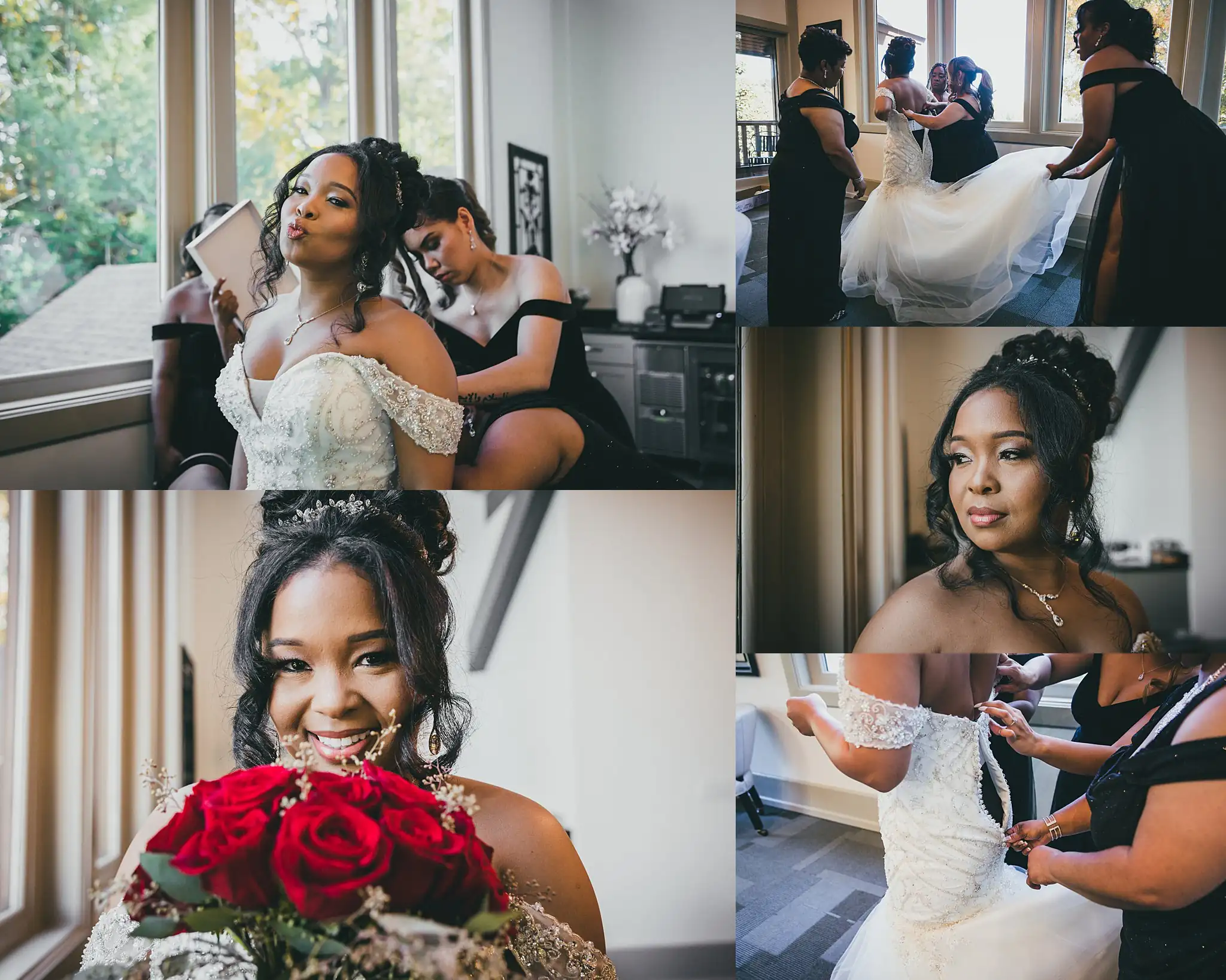AtlantaWeddingPhotographers_0657.jpg Getting Ready: the gown being fastened, red roses to hand, in a set, before their wedding at the Country Club of the South in Johns Creek, GA