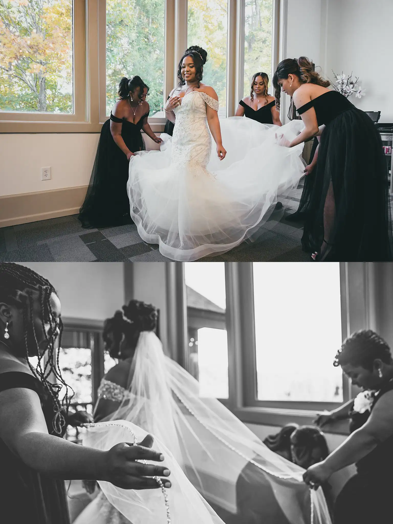 AtlantaWeddingPhotographers_0658.jpg Getting Ready: the veil and the train being arranged, in a set, before their wedding at the Country Club of the South in Johns Creek, GA