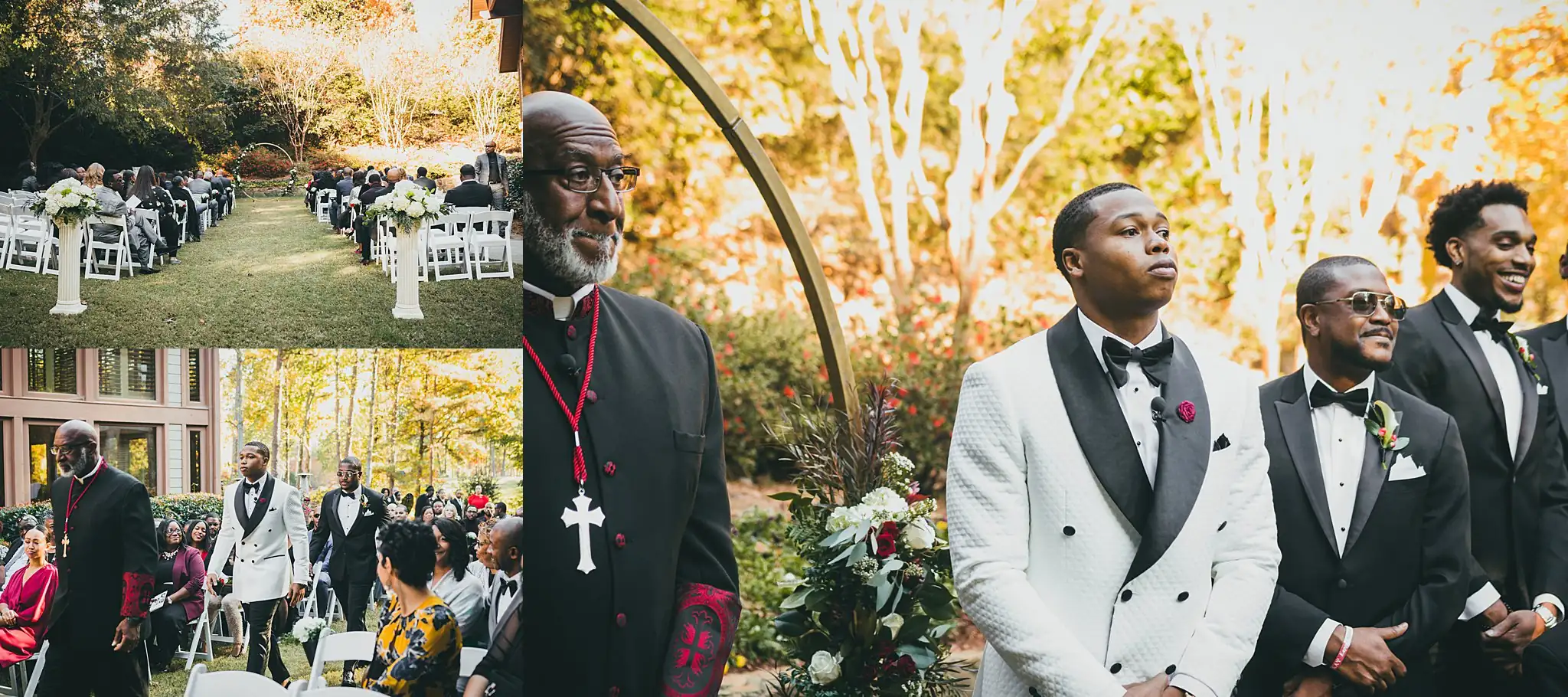 AtlantaWeddingPhotographers_0663.jpg Wedding Ceremony: the officiant and the groom waiting at the arch, in a set, at their wedding at the Country Club of the South in Johns Creek, GA