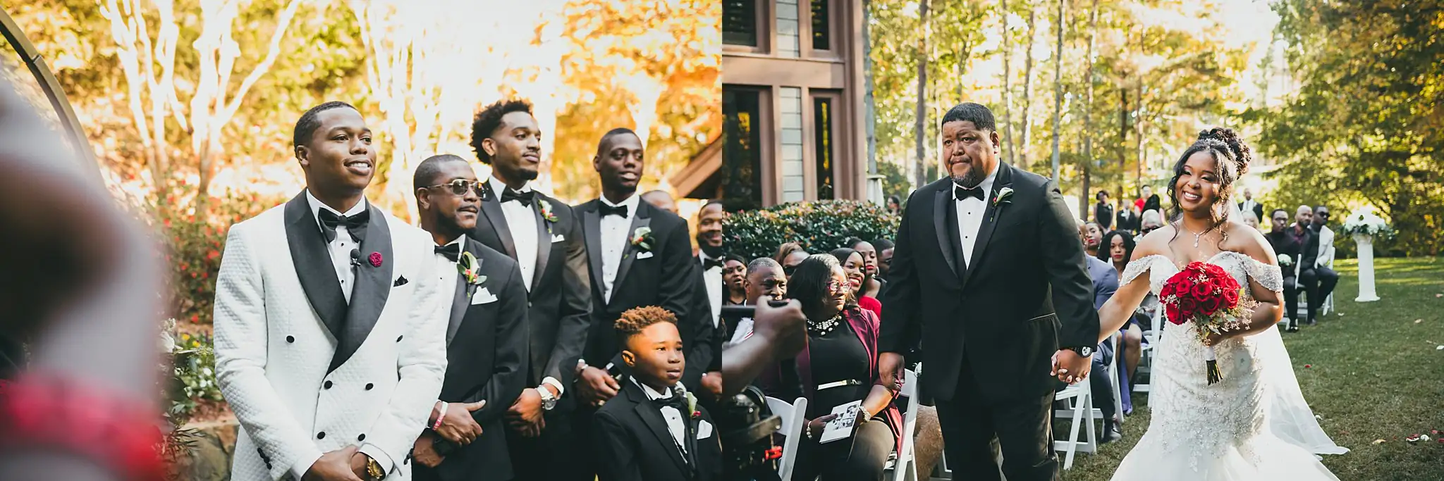 AtlantaWeddingPhotographers_0665.jpg Wedding Ceremony: the groomsmen, and the groom as she reaches him, in a set, at their wedding at the Country Club of the South in Johns Creek, GA