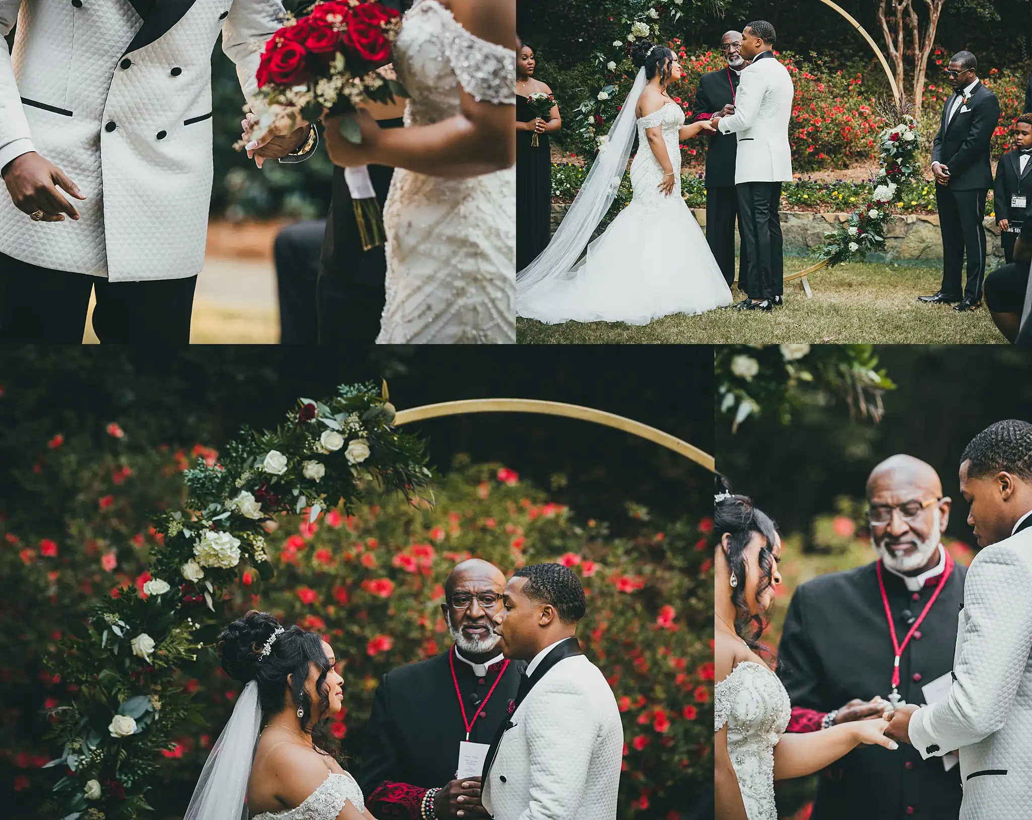 AtlantaWeddingPhotographers_0666.jpg Wedding Ceremony: the vows under the gold hoop arch, in a set, at their wedding at the Country Club of the South in Johns Creek, GA