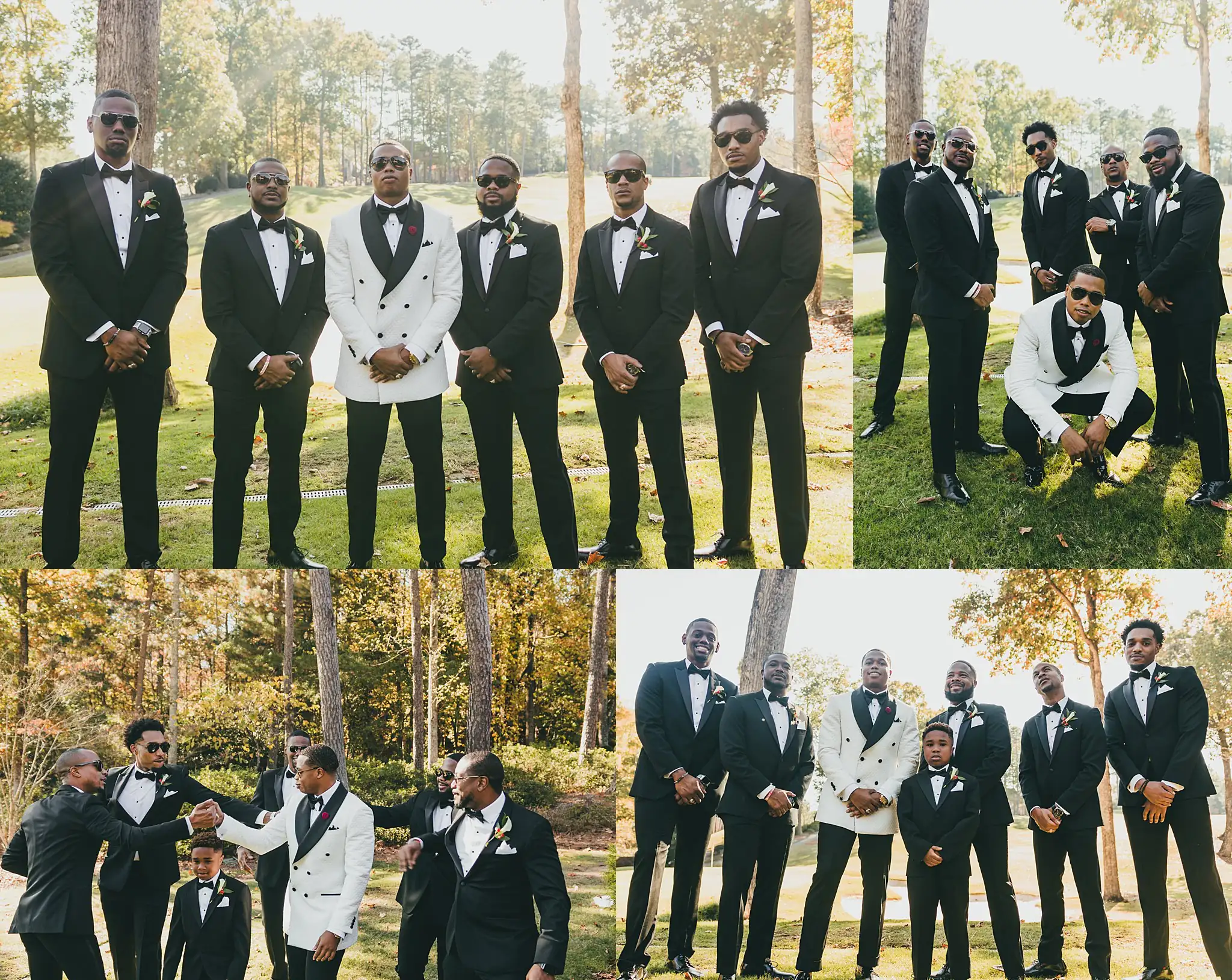 AtlantaWeddingPhotographers_0670.jpg Wedding Party: the groom with his groomsmen in black tuxedos, in a set, at their wedding at the Country Club of the South in Johns Creek, GA