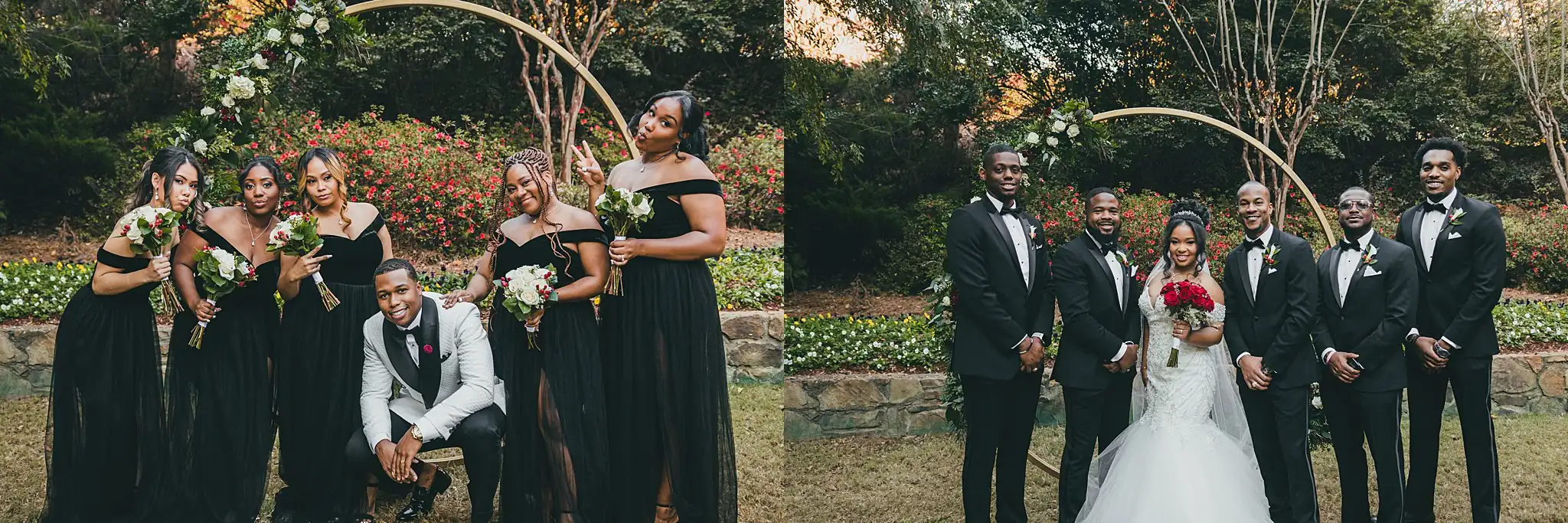 AtlantaWeddingPhotographers_0671.jpg Wedding Party: the two halves of the wedding party at the arch, in a set, at their wedding at the Country Club of the South in Johns Creek, GA
