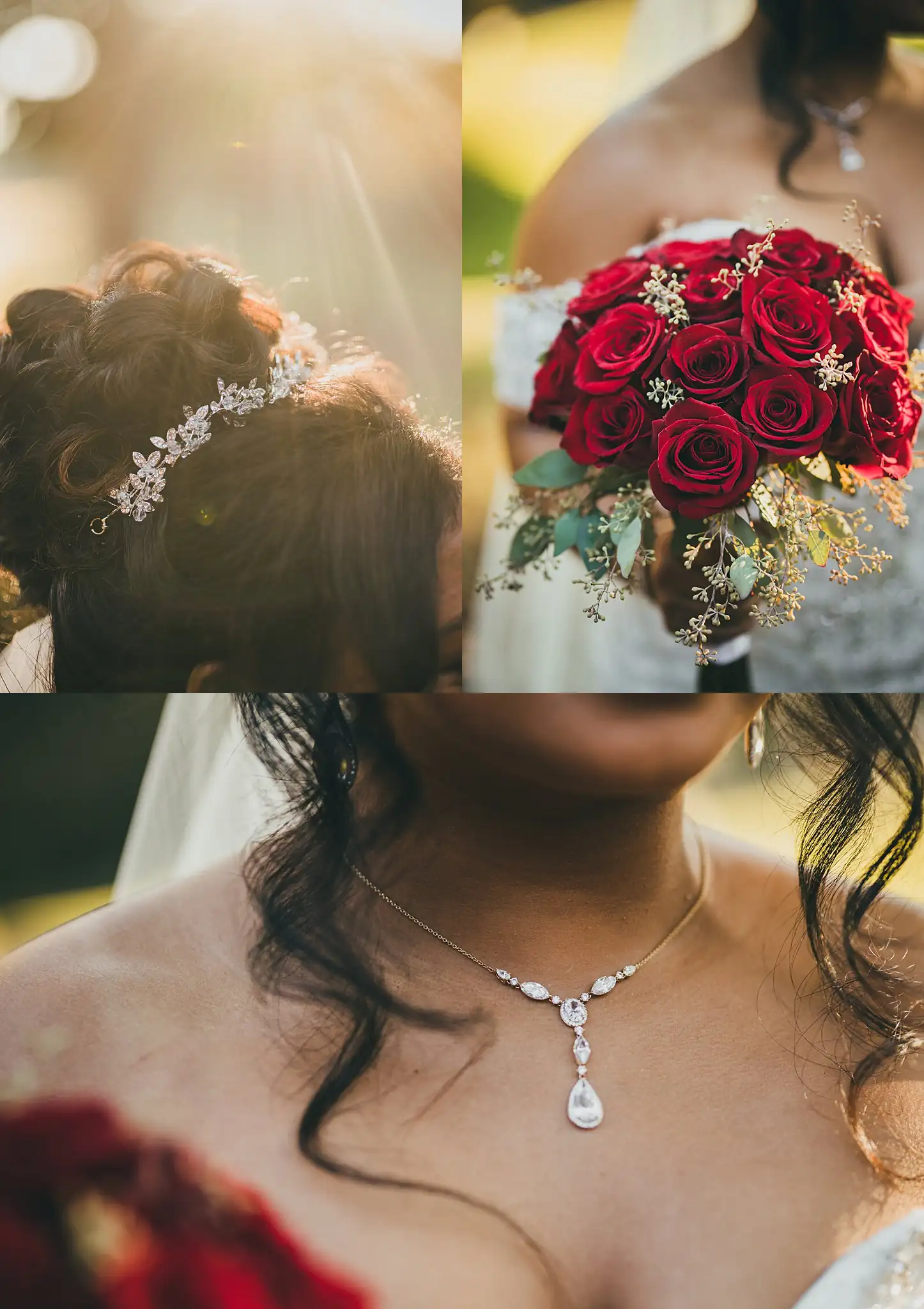 AtlantaWeddingPhotographers_0673.jpg Wedding Details: her headpiece, her pendant and the red roses, in a set, at their wedding at the Country Club of the South in Johns Creek, GA