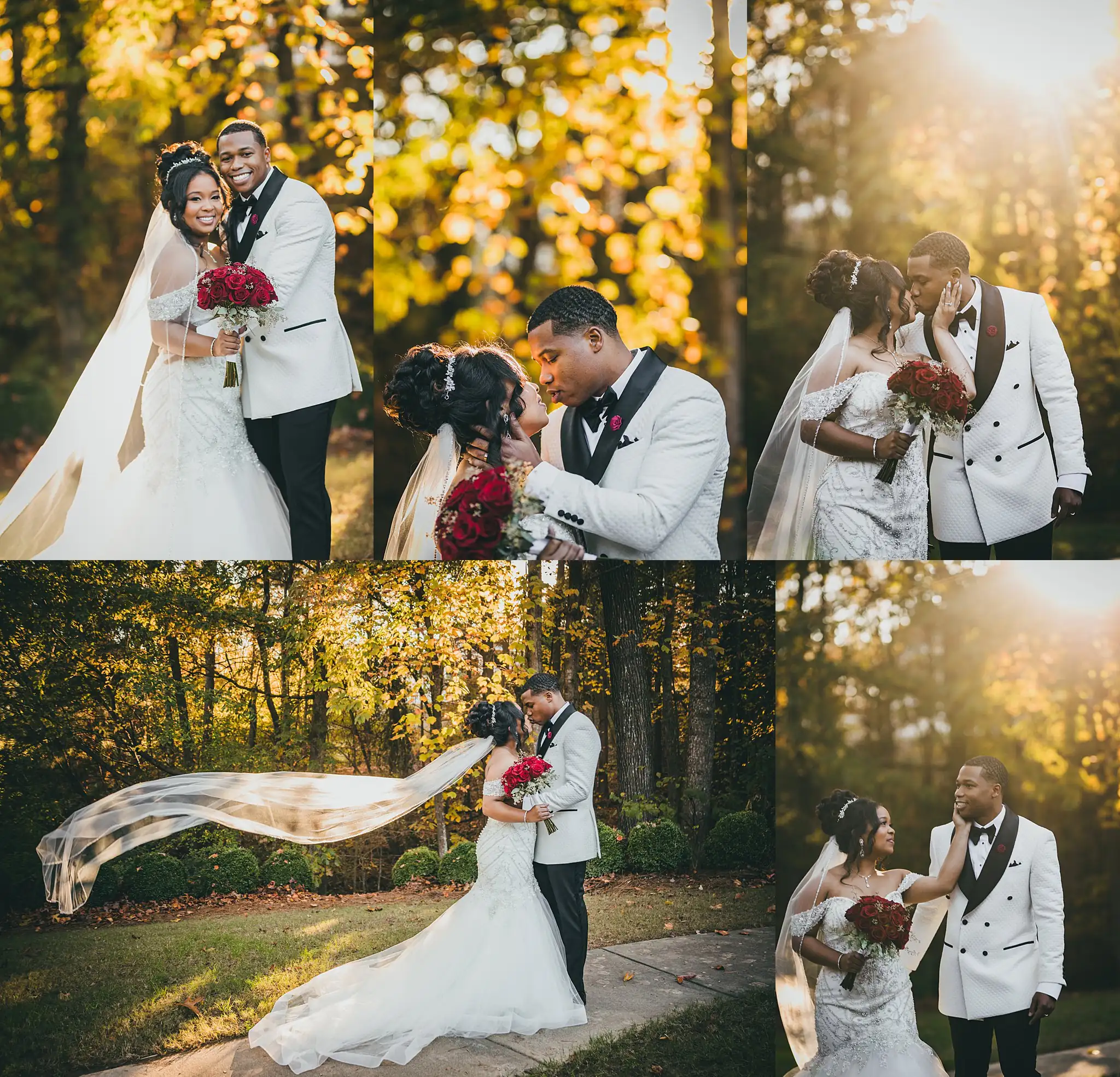AtlantaWeddingPhotographers_0675.jpg Wedding Formals: the couple in the autumn trees, her veil flying, in a set, at their wedding at the Country Club of the South in Johns Creek, GA
