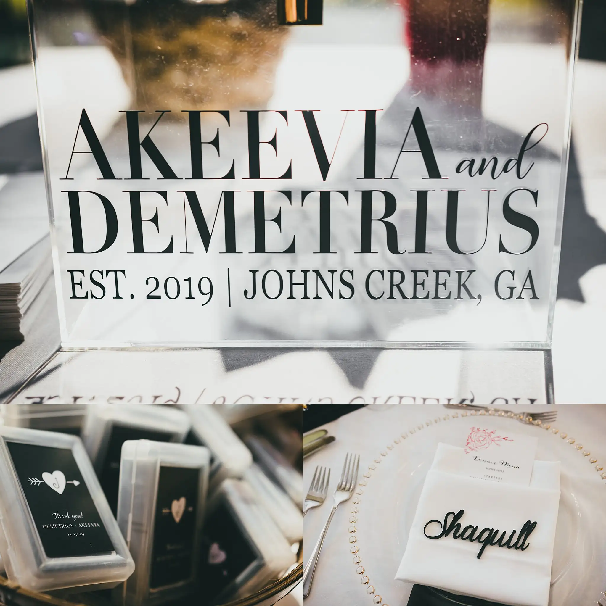 AtlantaWeddingPhotographers_0677.jpg Reception Details: the welcome sign and the place cards at the door, in a set, at a wedding at the Country Club of the South in Johns Creek, GA