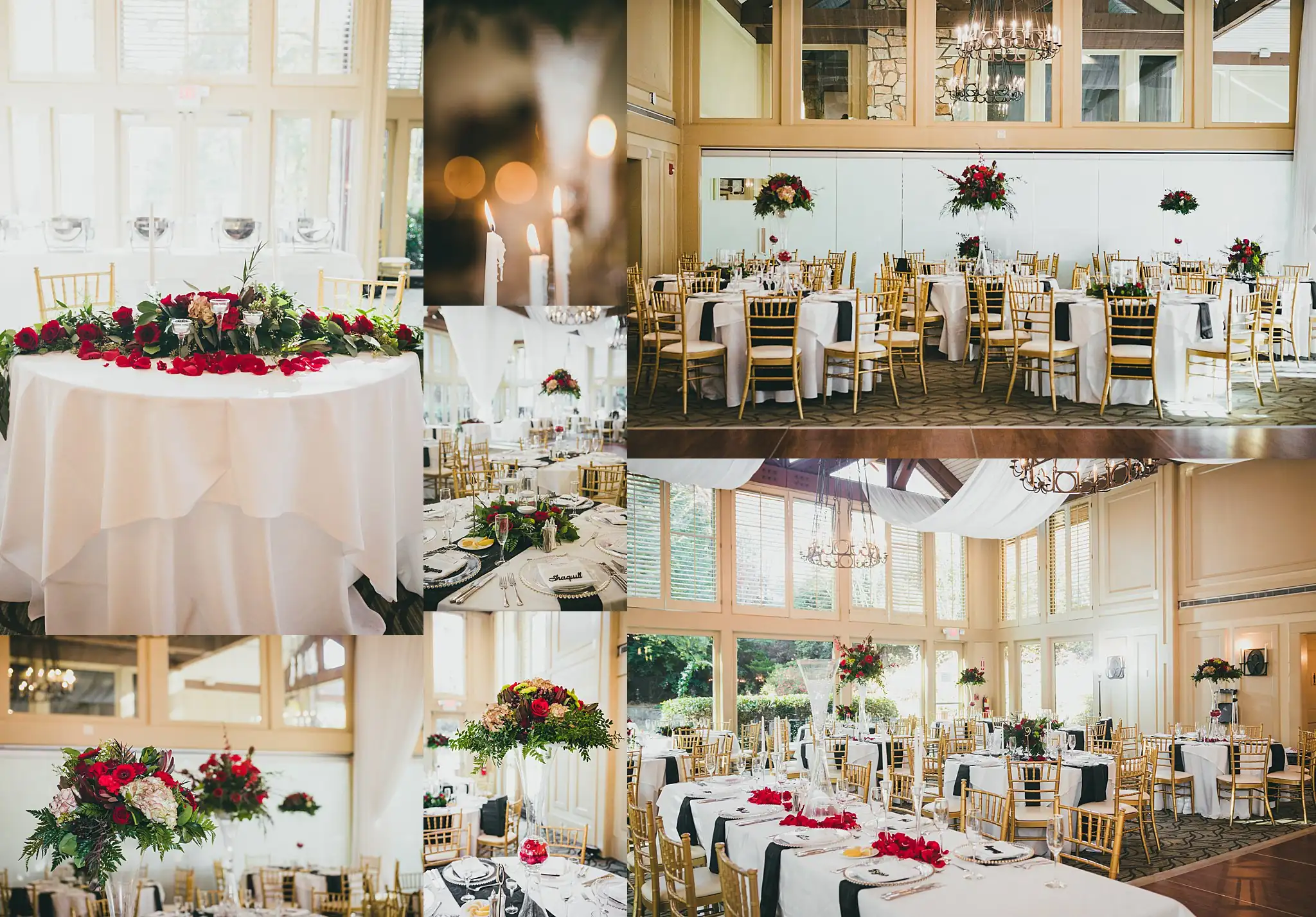 AtlantaWeddingPhotographers_0678.jpg Reception Details: the room laid out with red roses and gold chairs, in a set, at a wedding at the Country Club of the South in Johns Creek, GA
