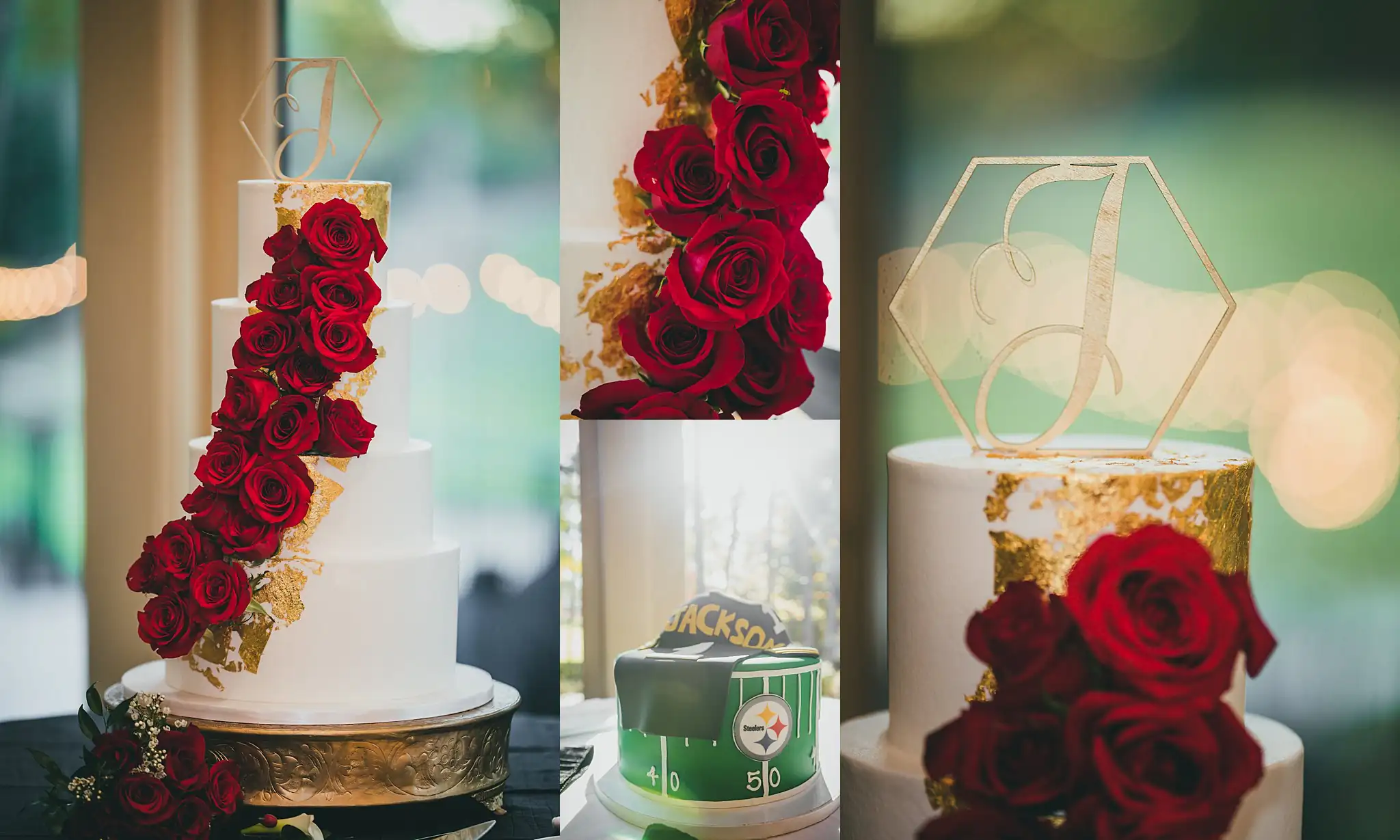 AtlantaWeddingPhotographers_0681.jpg Wedding Cake Details: the white cake with red roses falling down it, in a set, at a wedding at the Country Club of the South in Johns Creek, GA