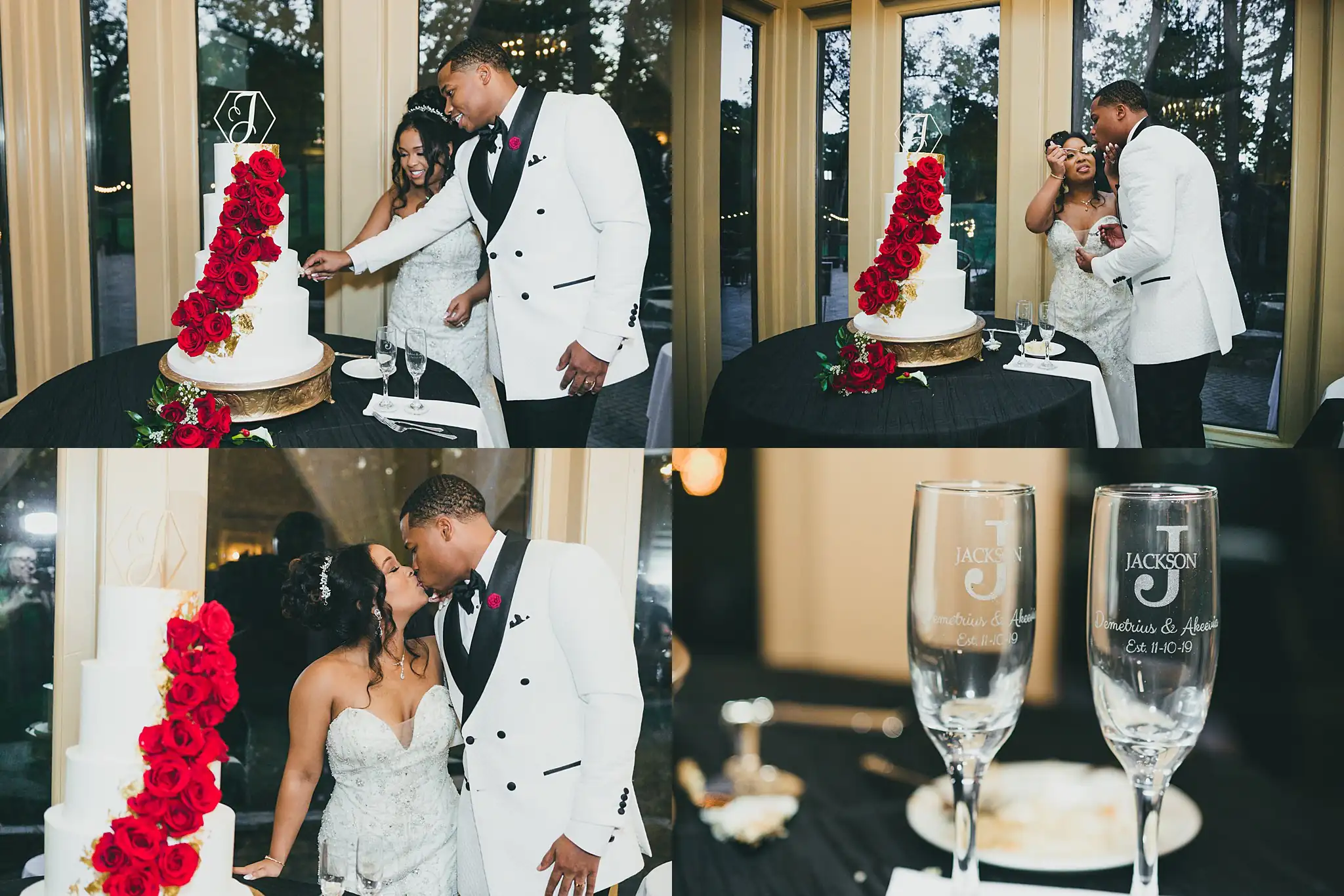 AtlantaWeddingPhotographers_0682.jpg Cake Cutting: cutting the cake, and the engraved flutes, in a set, at their wedding at the Country Club of the South in Johns Creek, GA