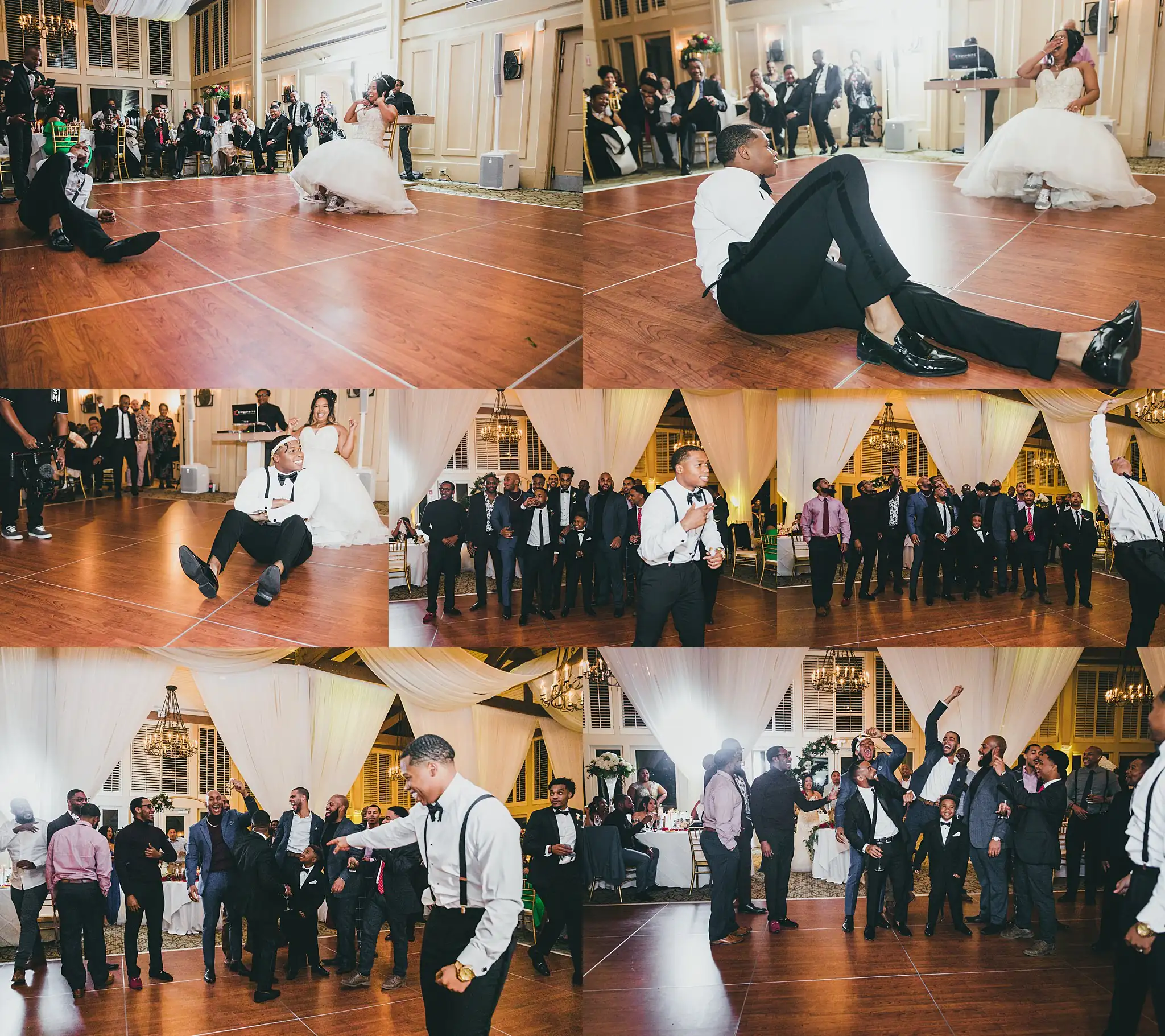 AtlantaWeddingPhotographers_0684.jpg Wedding Reception: a guest dropping into a split on a full floor, in a set, at their wedding at the Country Club of the South in Johns Creek, GA
