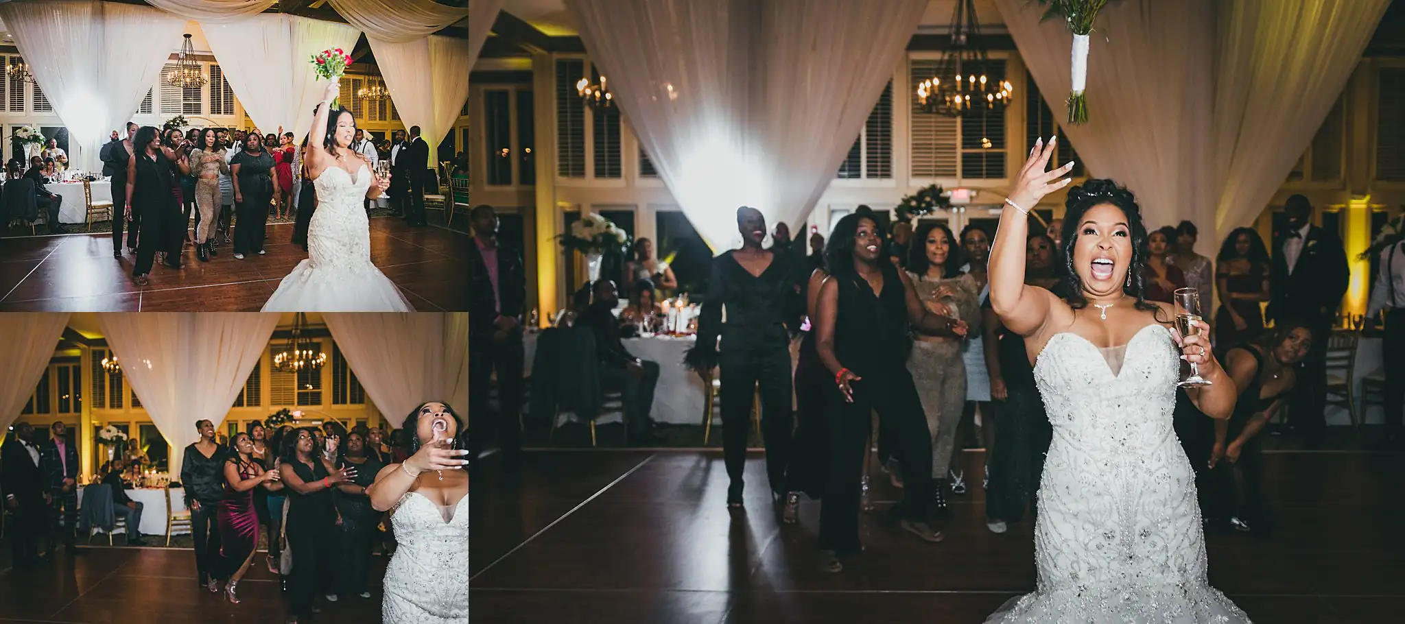 AtlantaWeddingPhotographers_0685.jpg Wedding Reception: the bride out on the floor with her guests, in a set, at their wedding at the Country Club of the South in Johns Creek, GA