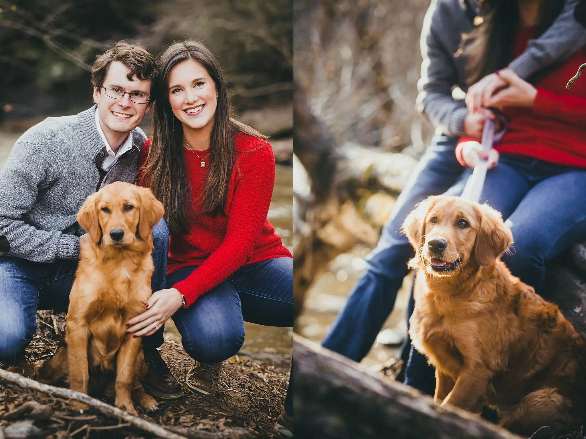Engagement Portraits: the couple crouched with their dog, in a set, during their engagement session at the Roswell Mill in Roswell, GA
