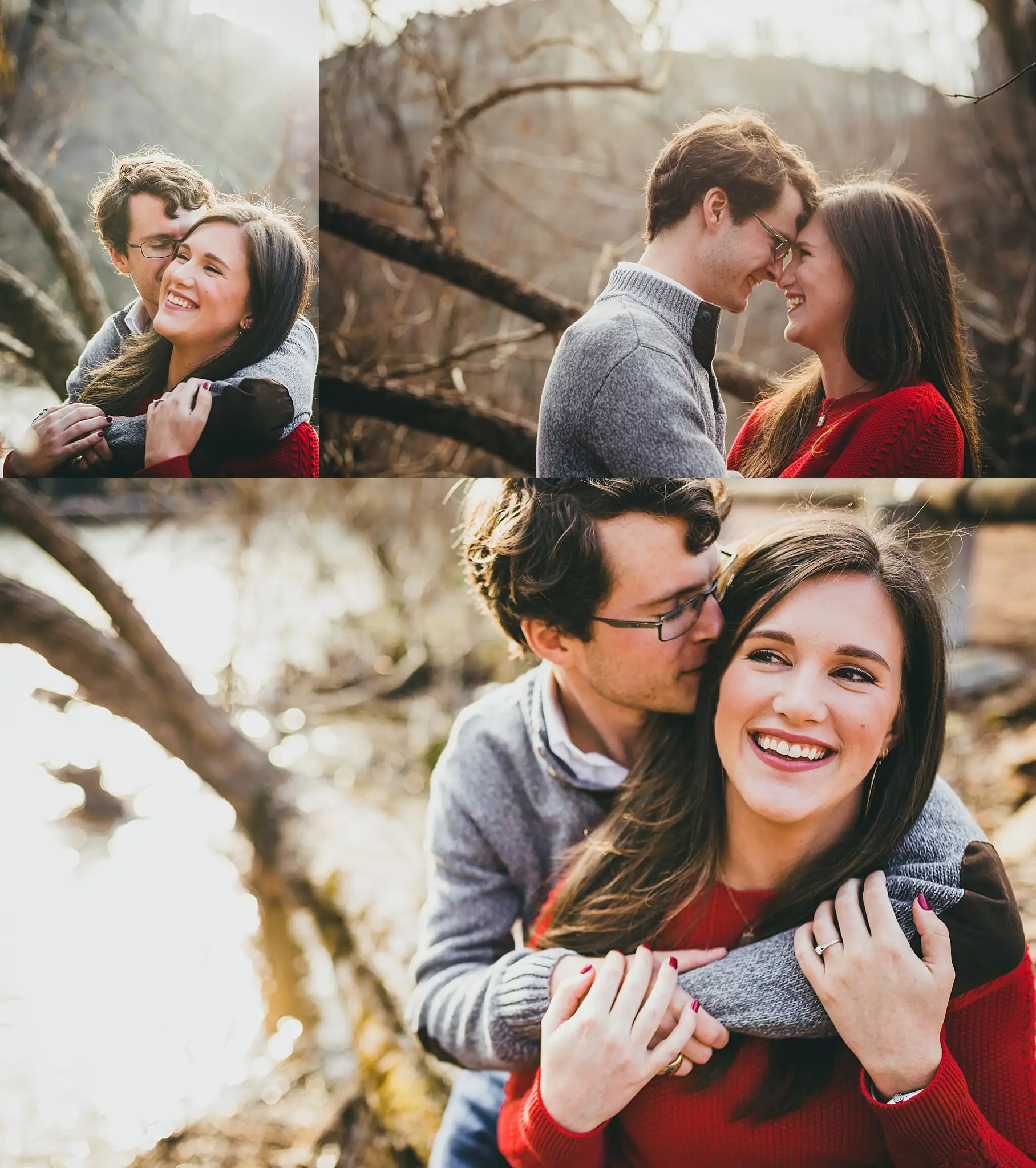 Engagement Portraits: him holding her by the bare branches, in a set, during their engagement session at the Roswell Mill in Roswell, GA