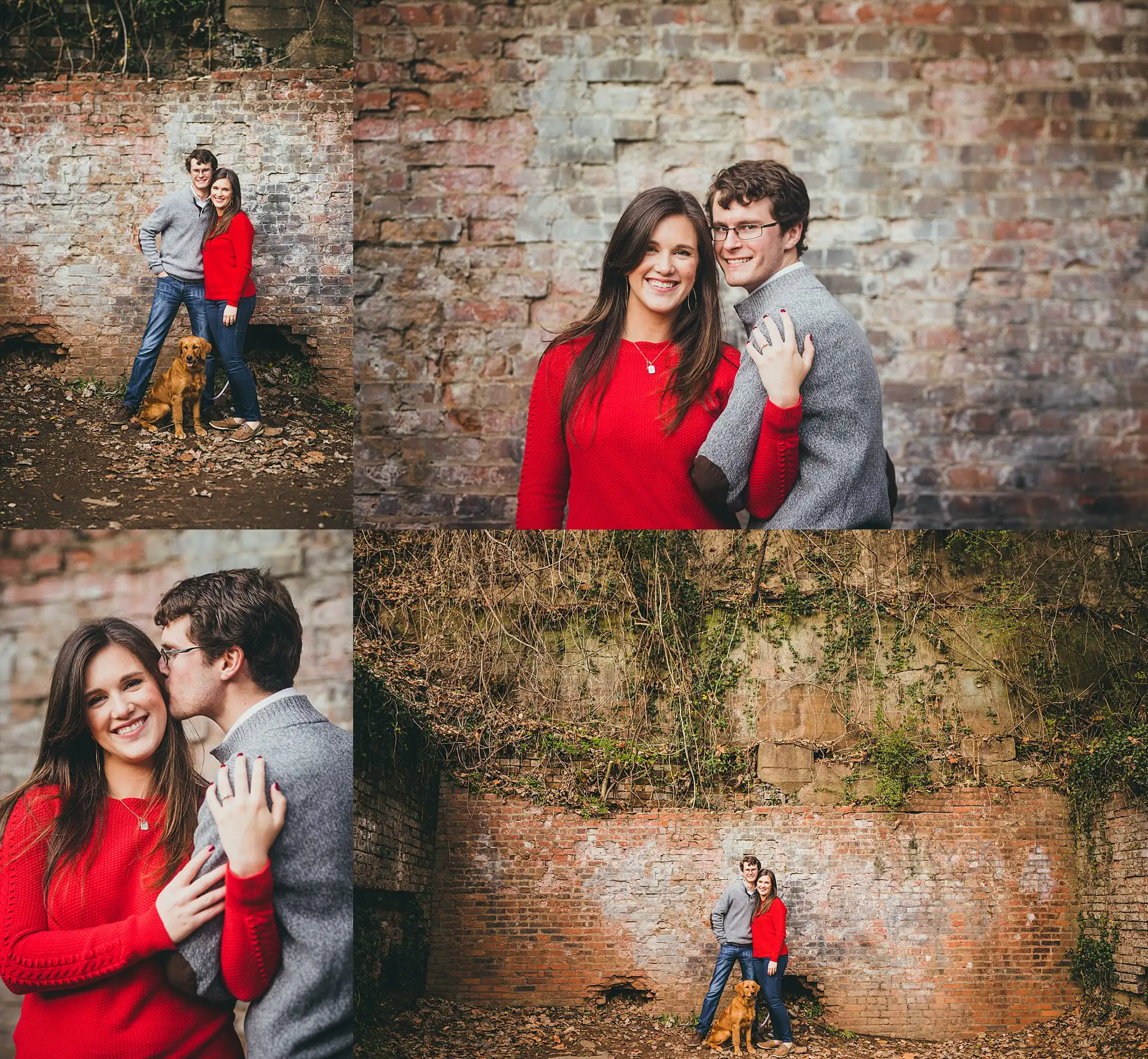 Engagement Portraits: the two of them against the old mill brickwork, in a set, during their engagement session at the Roswell Mill in Roswell, GA