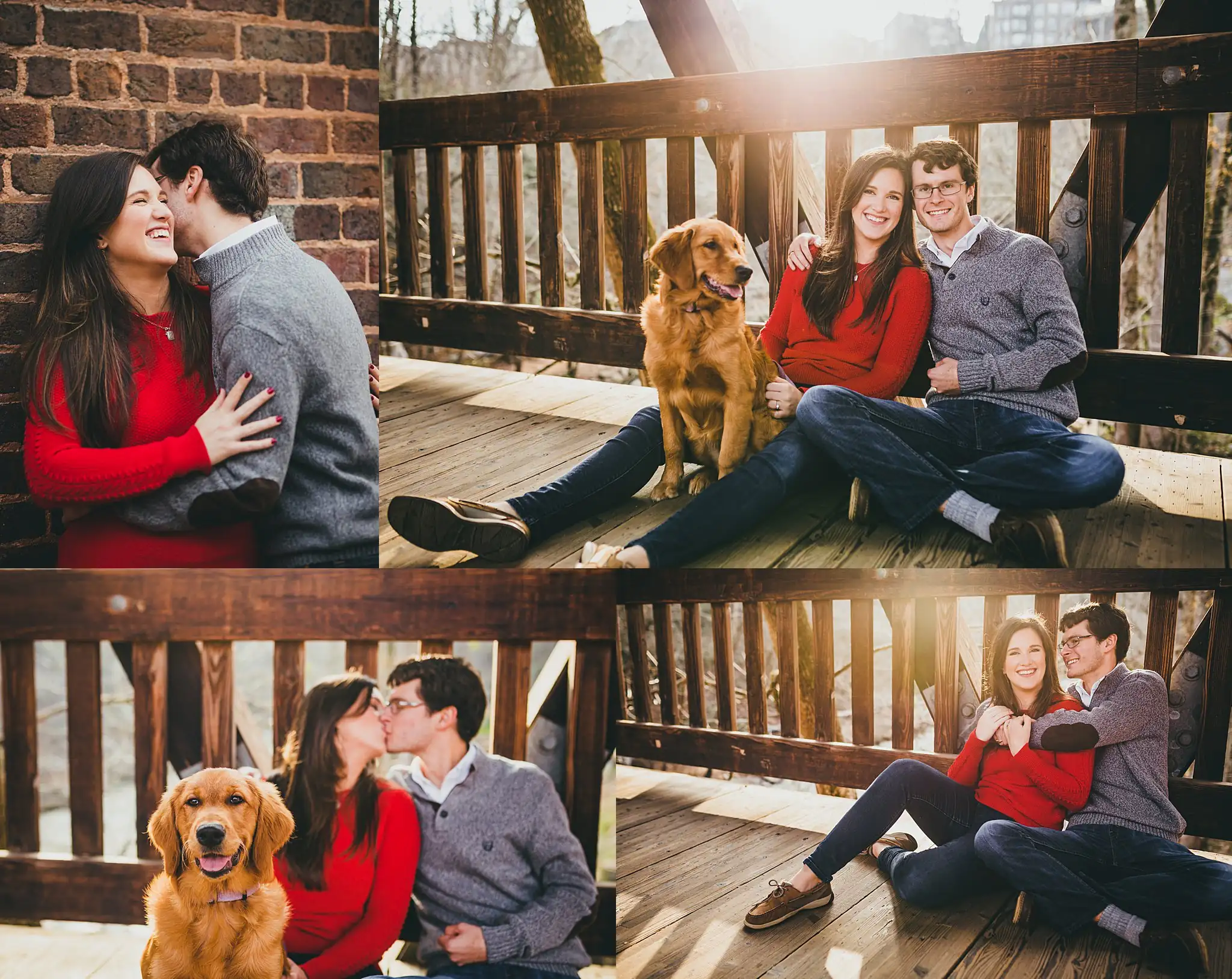 Engagement Portraits: the couple and their dog on the boardwalk, in a set, during their engagement session at the Roswell Mill in Roswell, GA