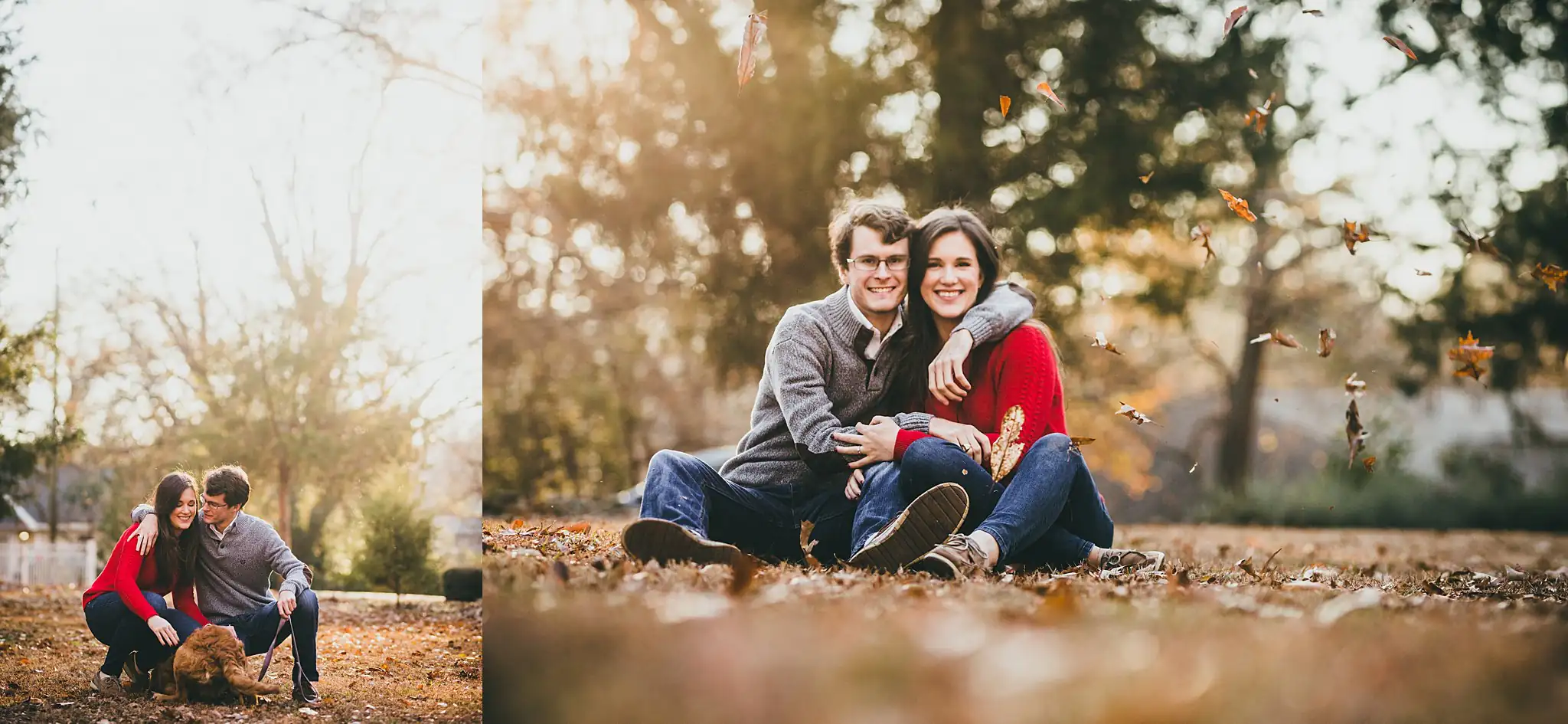 Engagement Portraits: the three of them in the fallen leaves, in a set, during their engagement session at Barrington Hall in Roswell, GA