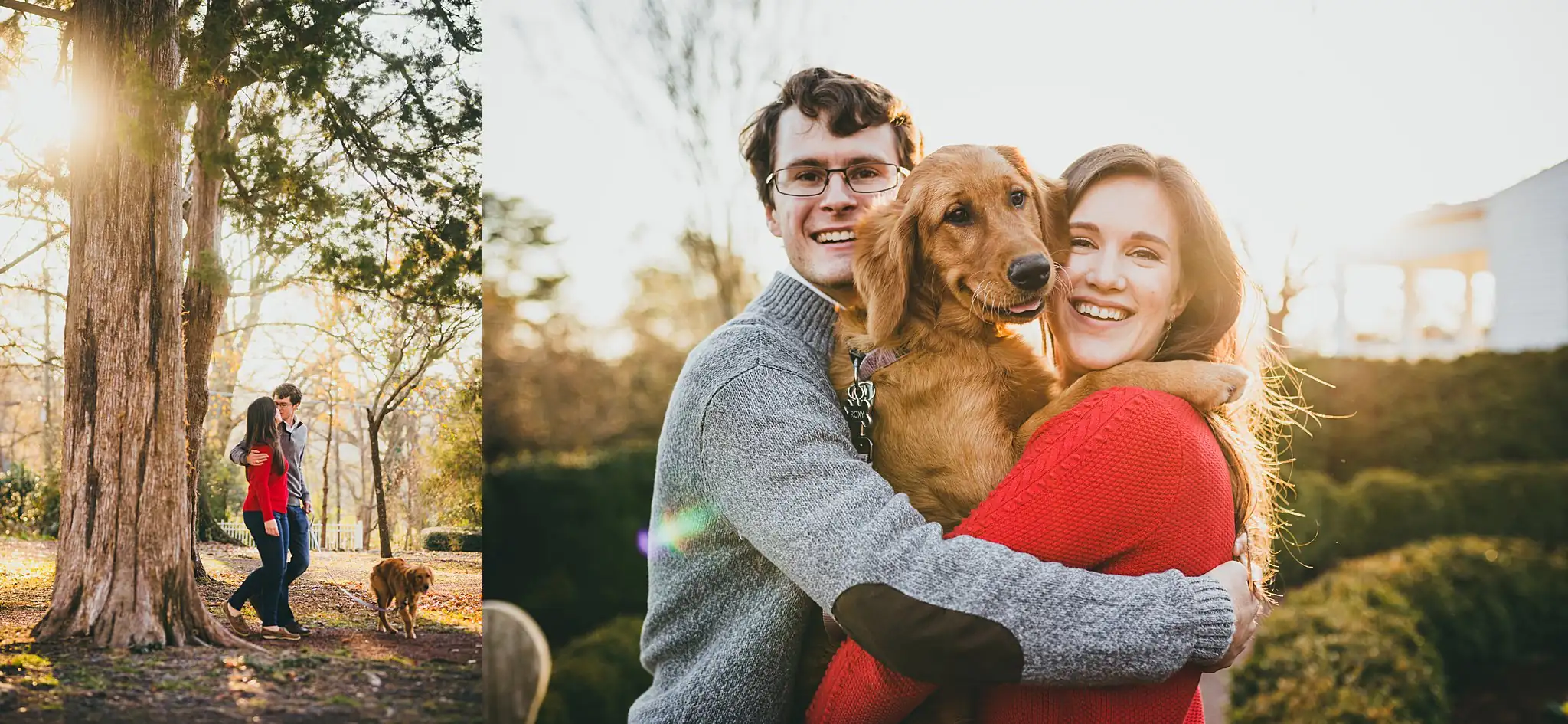 Engagement Portraits: the couple holding the dog between them, in a set, during their engagement session at Barrington Hall in Roswell, GA