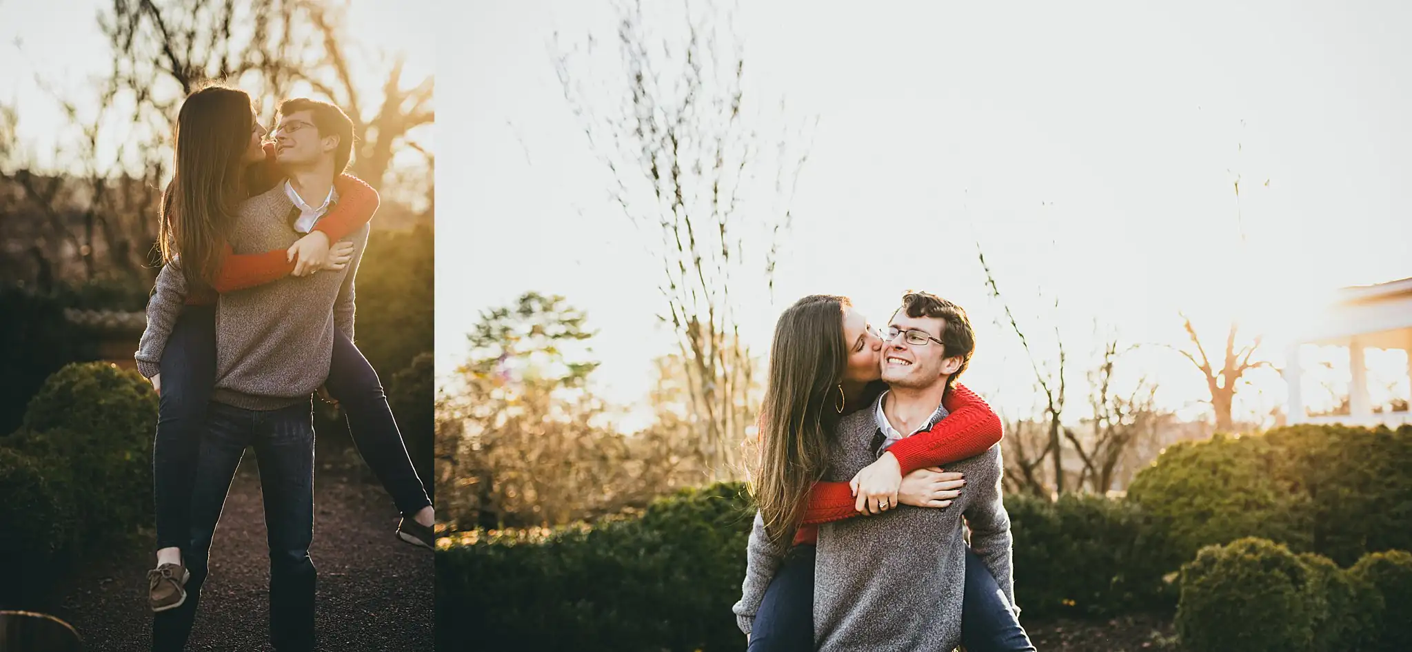 Engagement Portraits: the two of them backlit on the lawn, in a set, during their engagement session at Barrington Hall in Roswell, GA