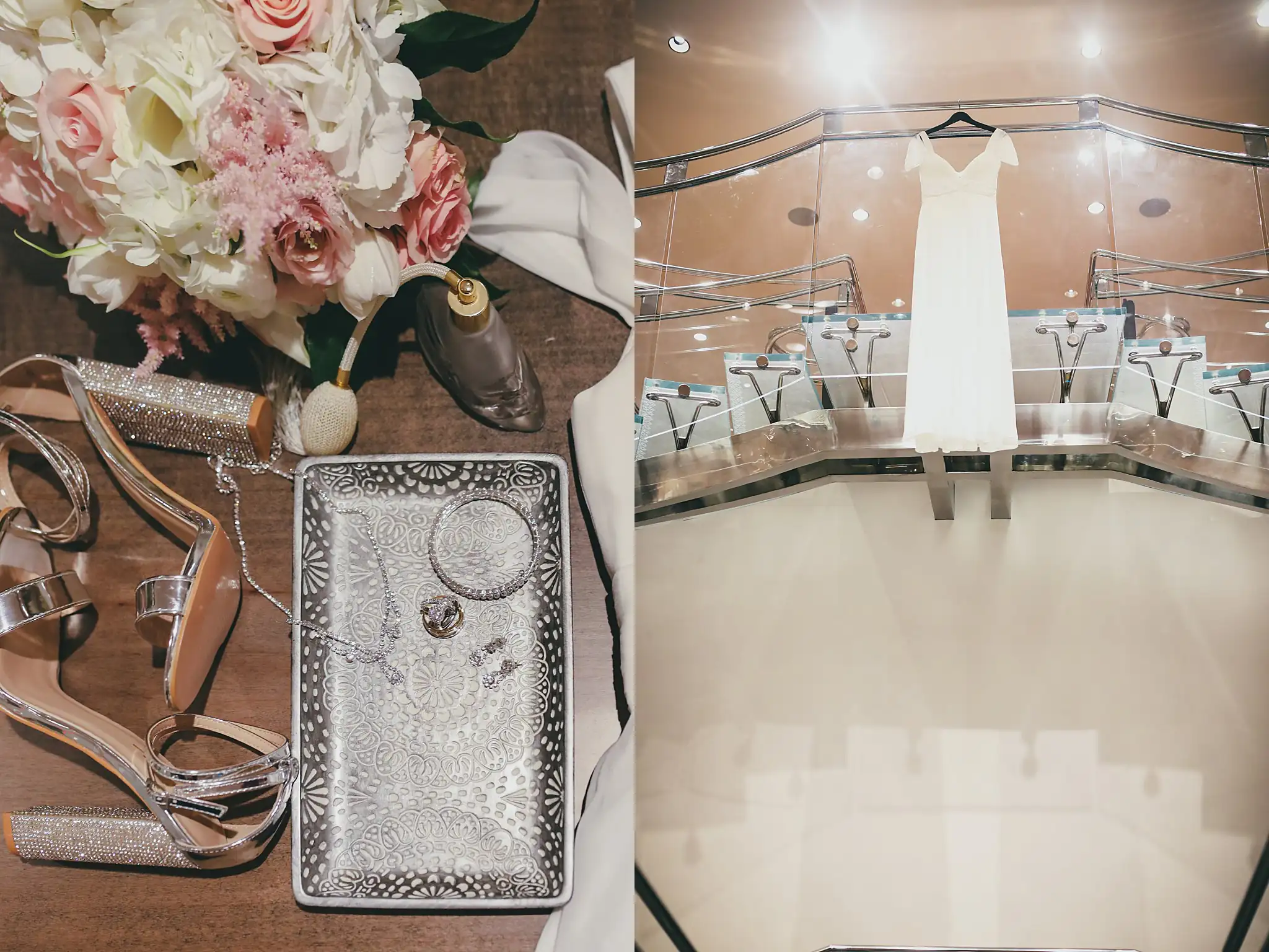 Wedding Details: the heels and jewelry tray, and the gown on the stair rail, at an elopement at Ventanas in Atlanta, GA