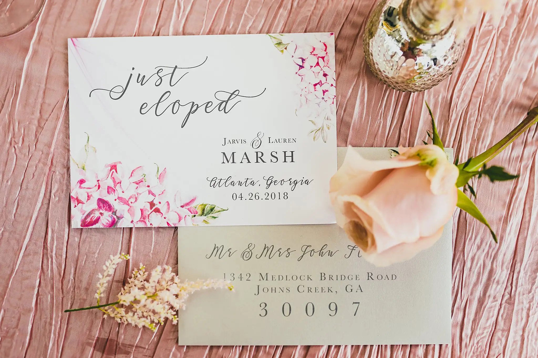 Wedding Details: the just eloped announcement card with a peach rose on blush silk, at an elopement at Ventanas in Atlanta, GA