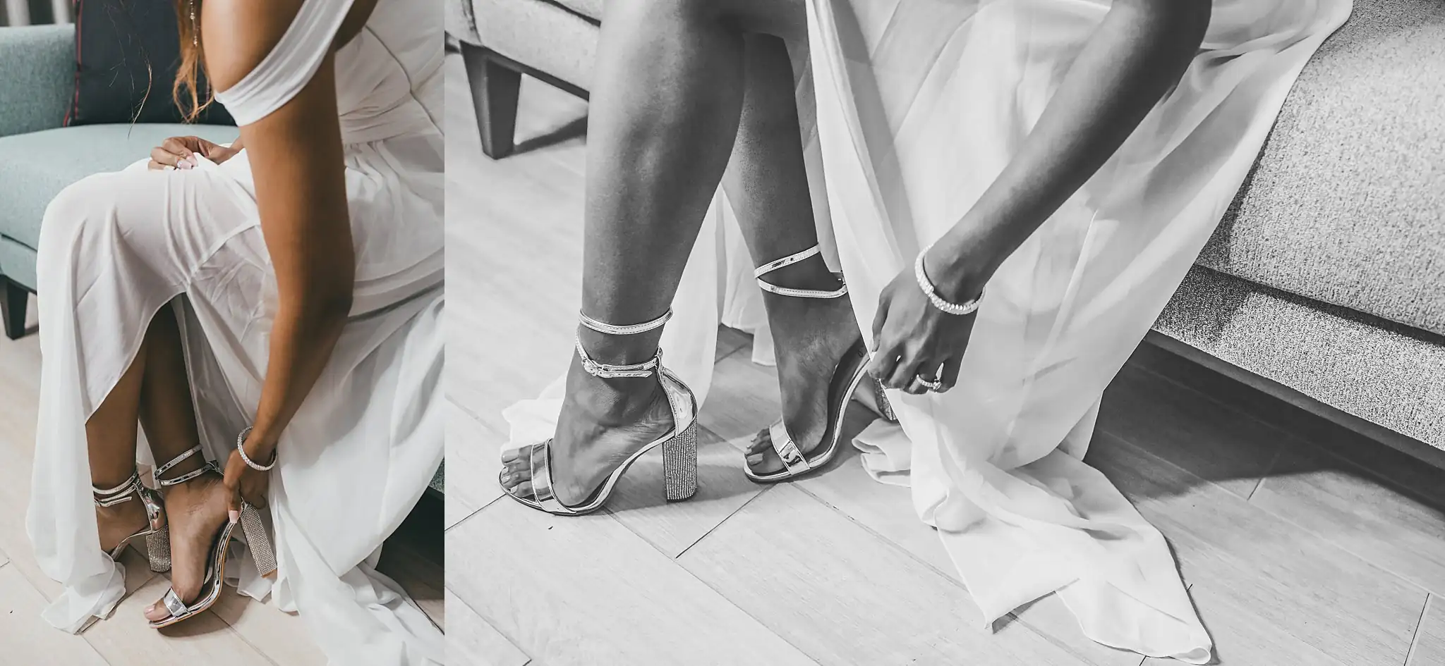 Getting Ready: the bride fastening the straps of her heels, before their elopement at Ventanas in Atlanta, GA