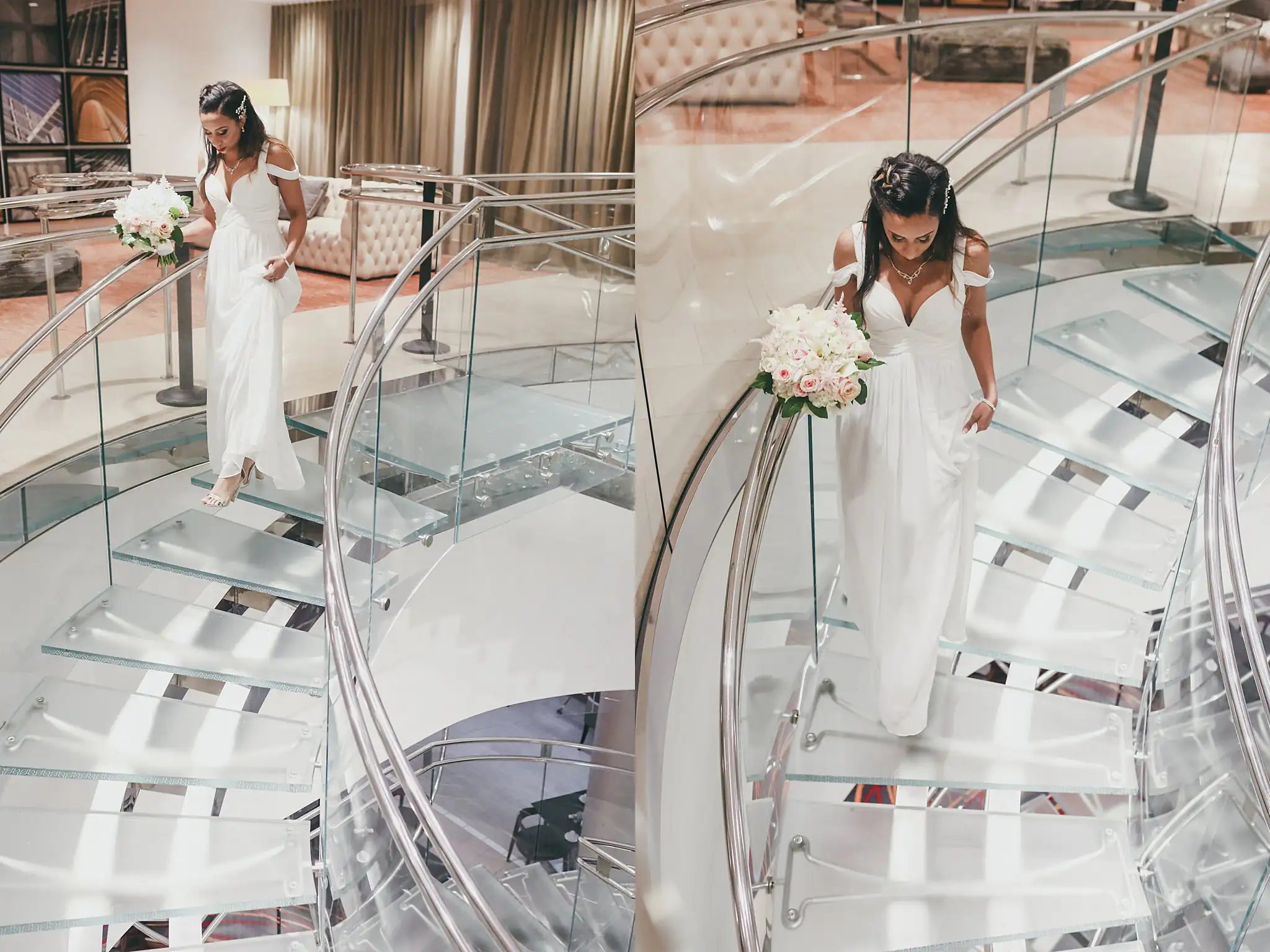 Getting Ready: the bride coming down the glass staircase with her bouquet, before their elopement at Ventanas in Atlanta, GA