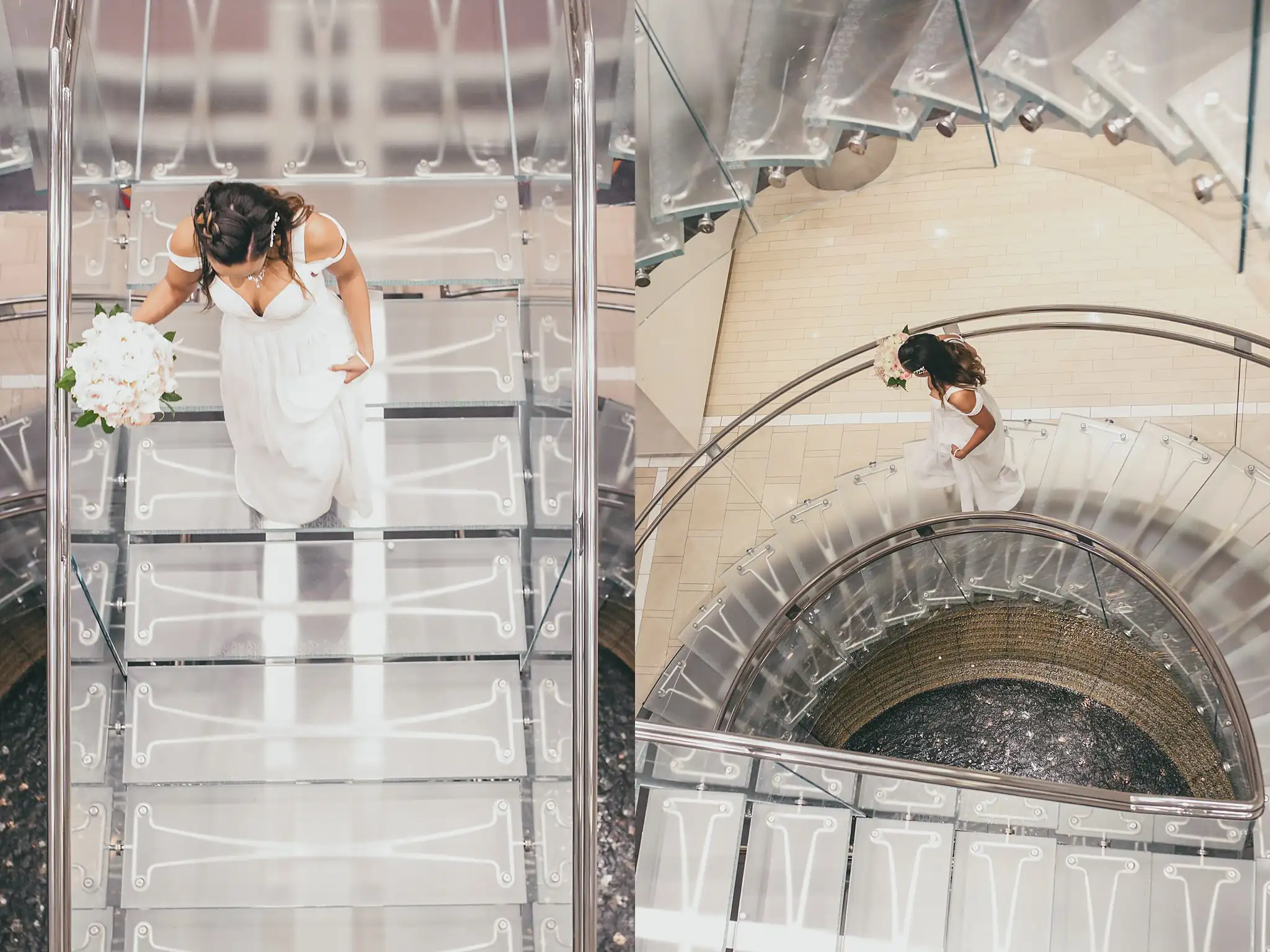 Getting Ready: the bride on the glass stairs above the spiralling stairwell, before their elopement at Ventanas in Atlanta, GA