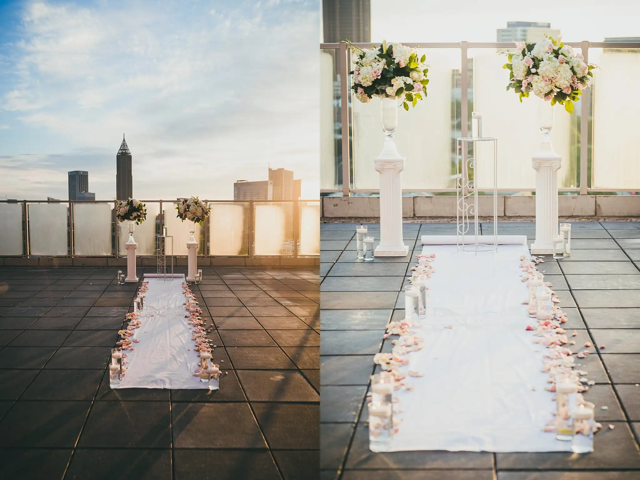 Wedding Ceremony: the rooftop aisle at sunrise, petals leading to the columns, at an elopement at Ventanas in Atlanta, GA
