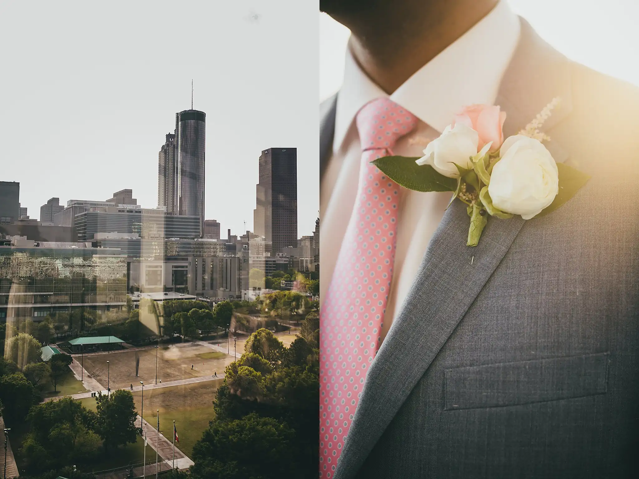 Wedding Details: the Atlanta skyline, and the groom's pink tie and rose boutonniere, at an elopement at Ventanas in Atlanta, GA