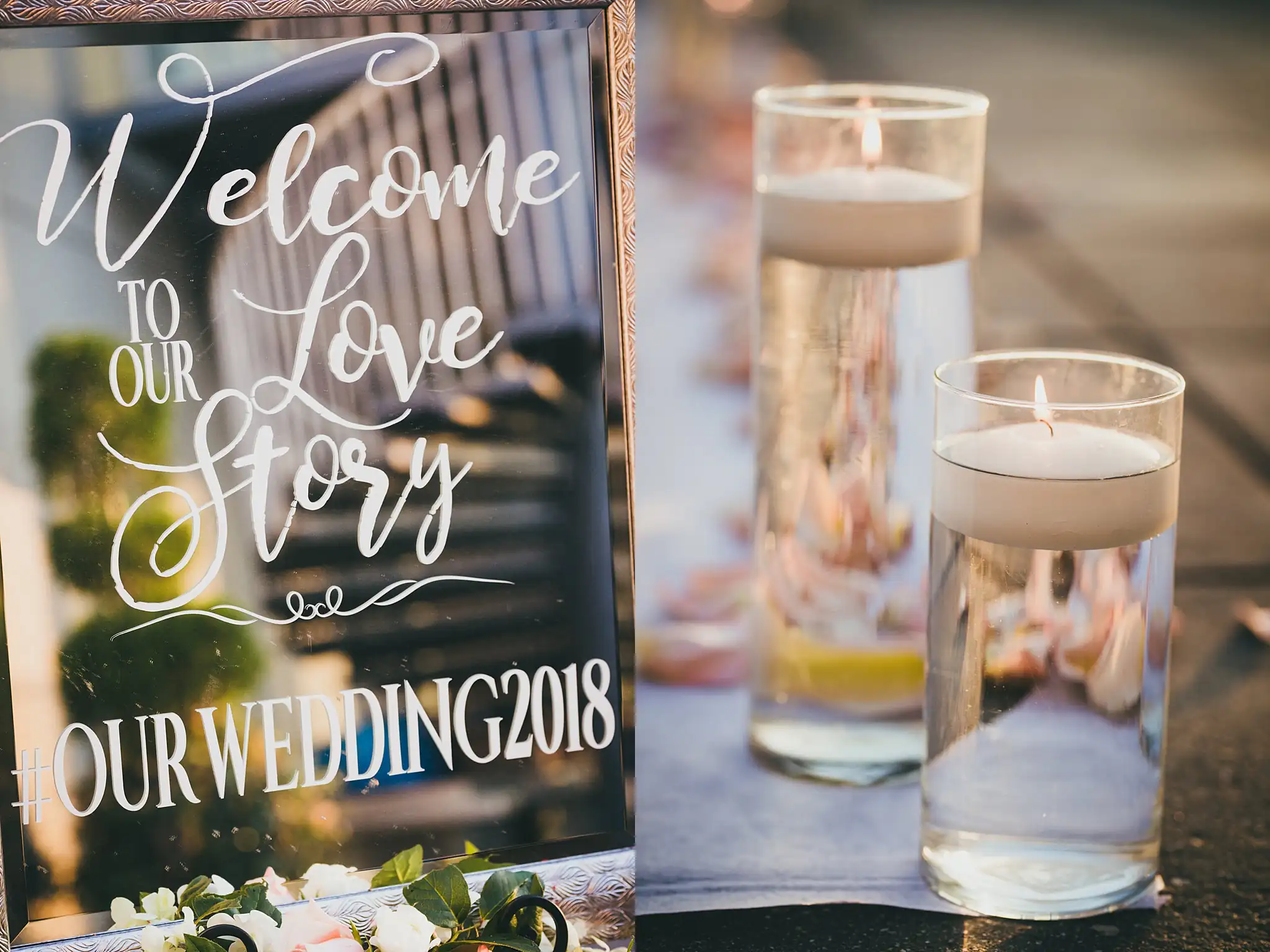 Wedding Details: the welcome sign, and floating candles in their glass cylinders, at an elopement at Ventanas in Atlanta, GA