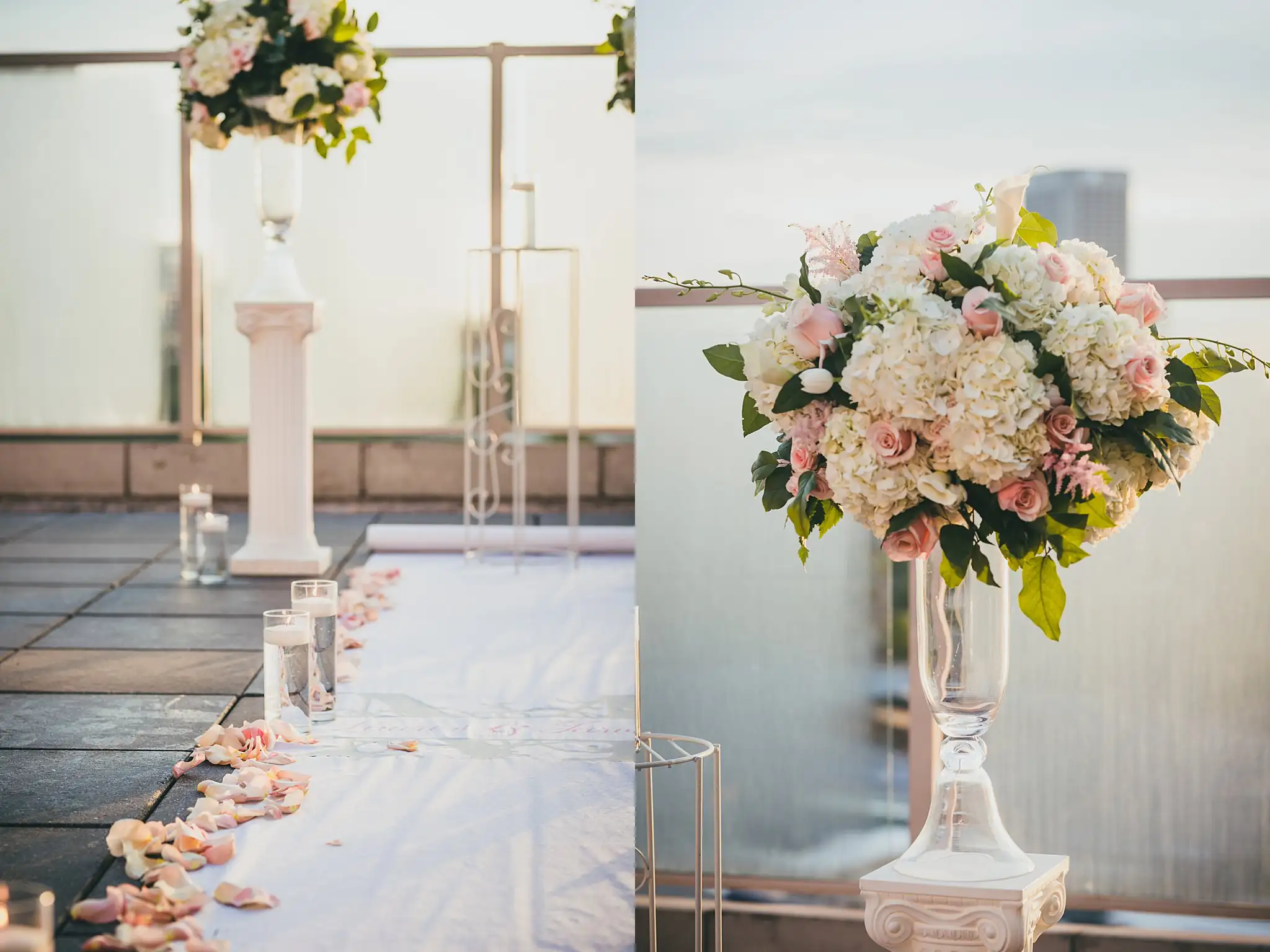 Wedding Ceremony: the floral columns and the petal-strewn aisle on the rooftop, at an elopement at Ventanas in Atlanta, GA
