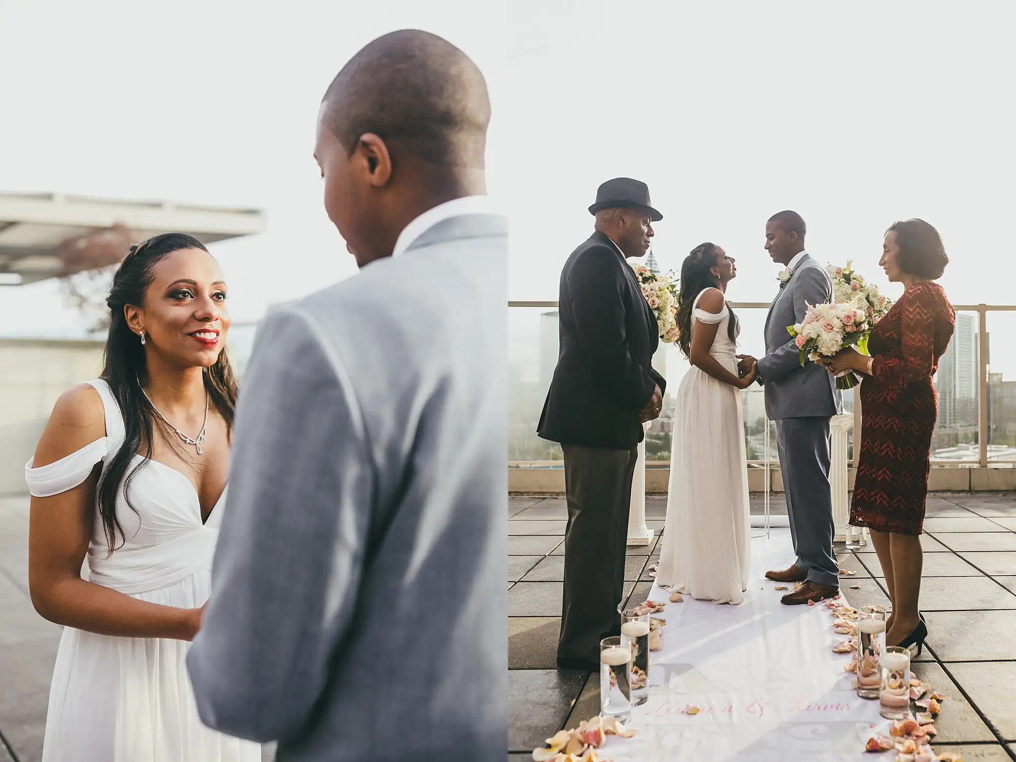 Wedding Ceremony: the couple at the altar, the candlelit aisle behind them, at their elopement at Ventanas in Atlanta, GA