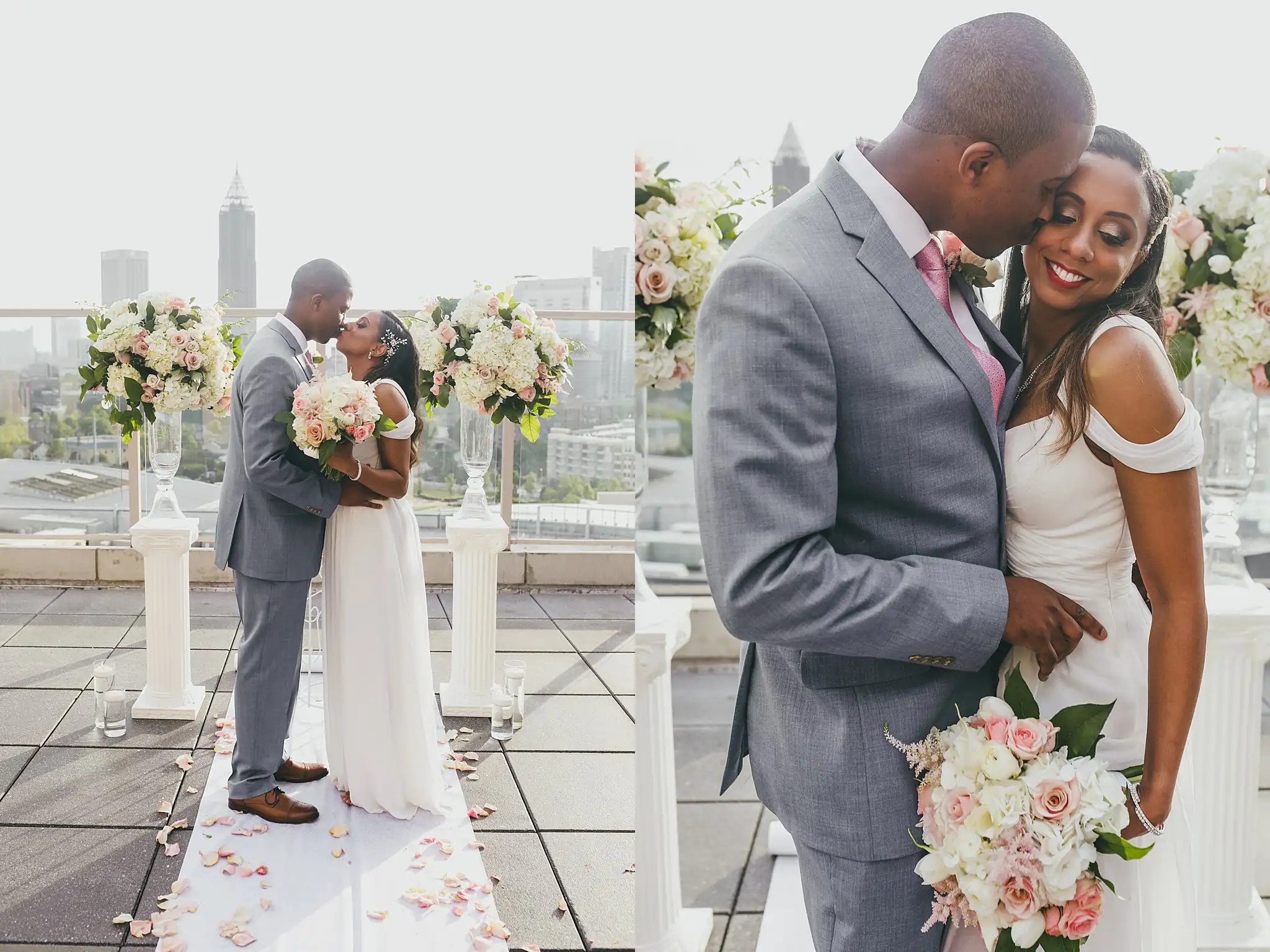 Wedding Formals: the couple embracing on the rooftop over the petal-strewn runner, at their elopement at Ventanas in Atlanta, GA