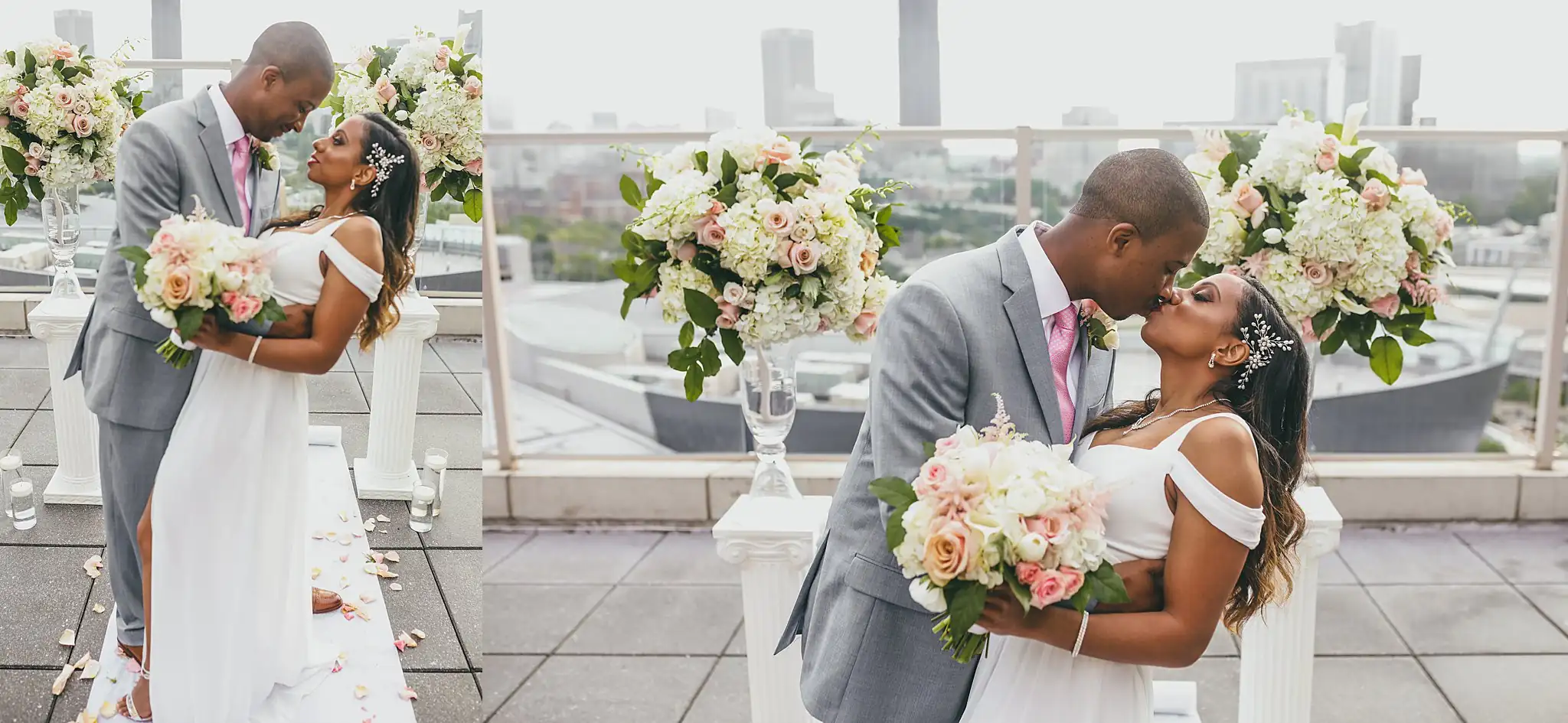 Wedding Formals: the couple kissing between the rooftop floral arrangements, at their elopement at Ventanas in Atlanta, GA