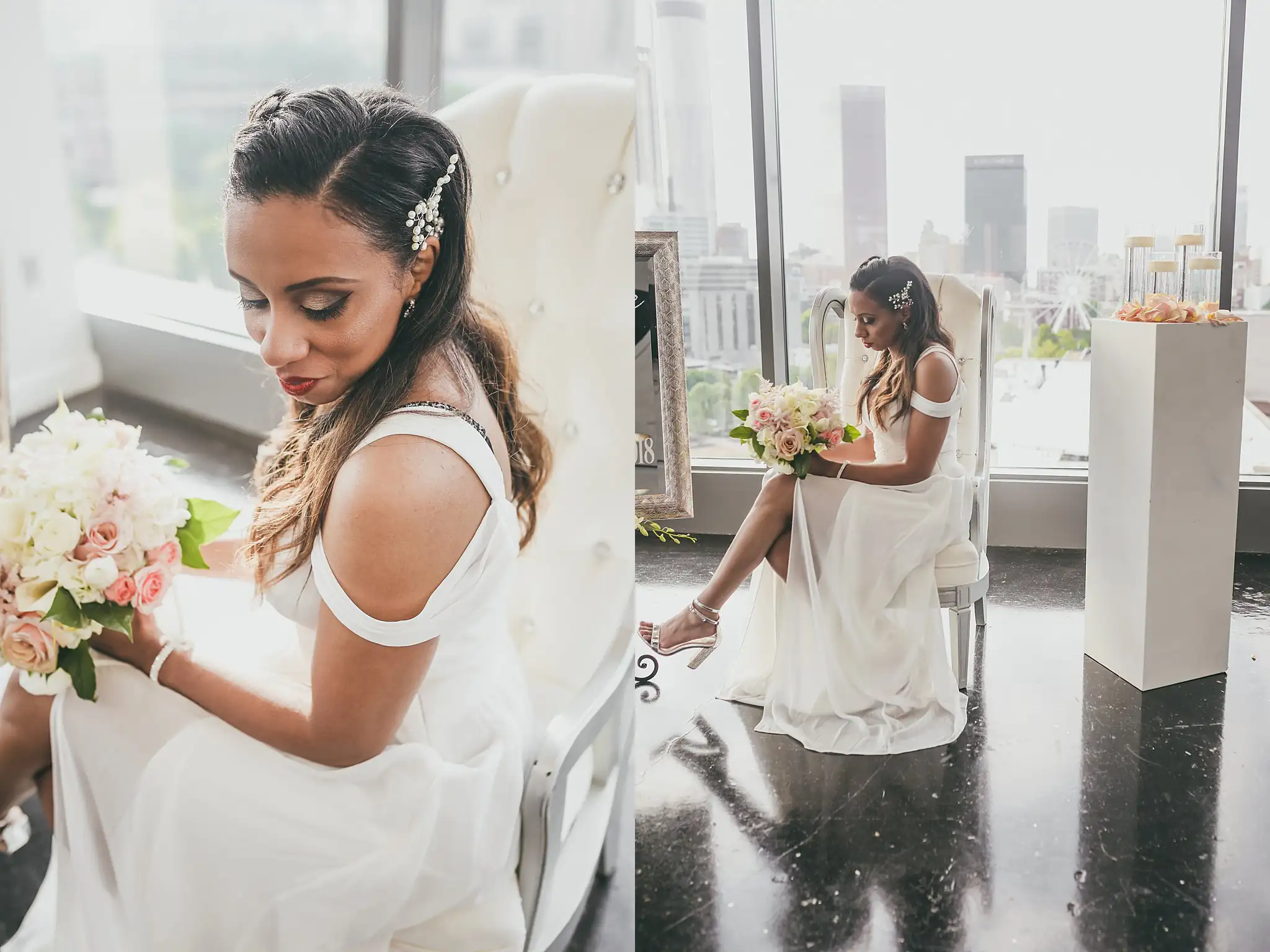 Bridal Portraits: the bride seated with her bouquet in the white armchair, at their elopement at Ventanas in Atlanta, GA