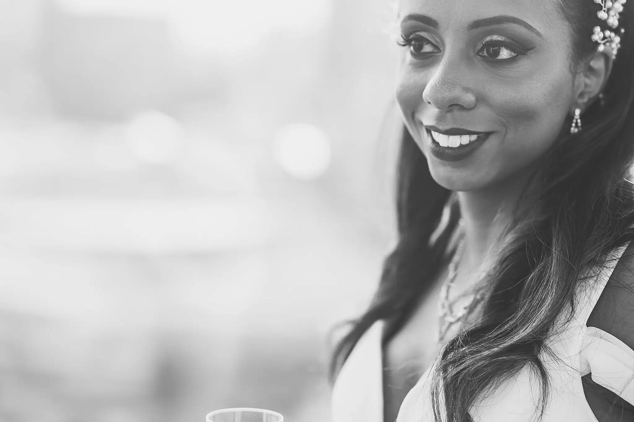 Bridal Portraits: a close portrait of the bride, in black and white, at their elopement at Ventanas in Atlanta, GA