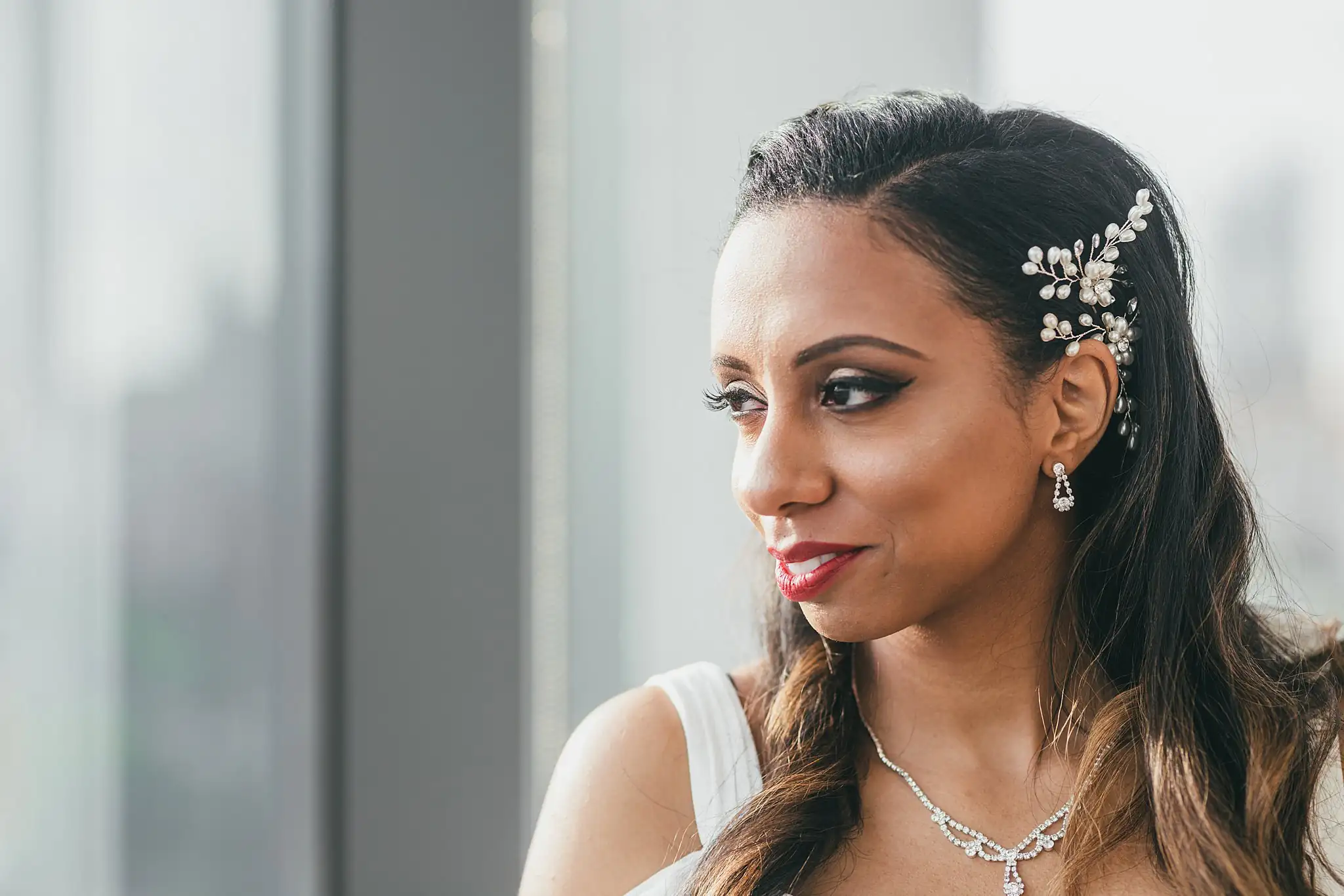 Bridal Portraits: the bride wearing her pearl hairpiece, at their elopement at Ventanas in Atlanta, GA