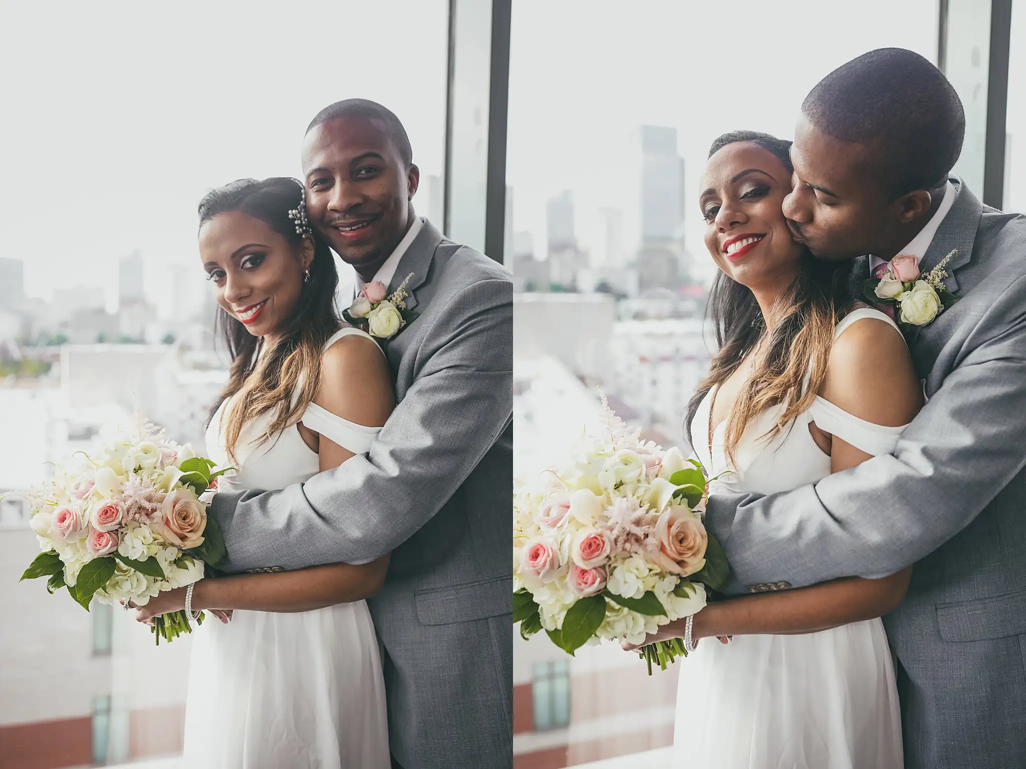 Wedding Formals: the groom holding the bride from behind, both of them smiling, at their elopement at Ventanas in Atlanta, GA