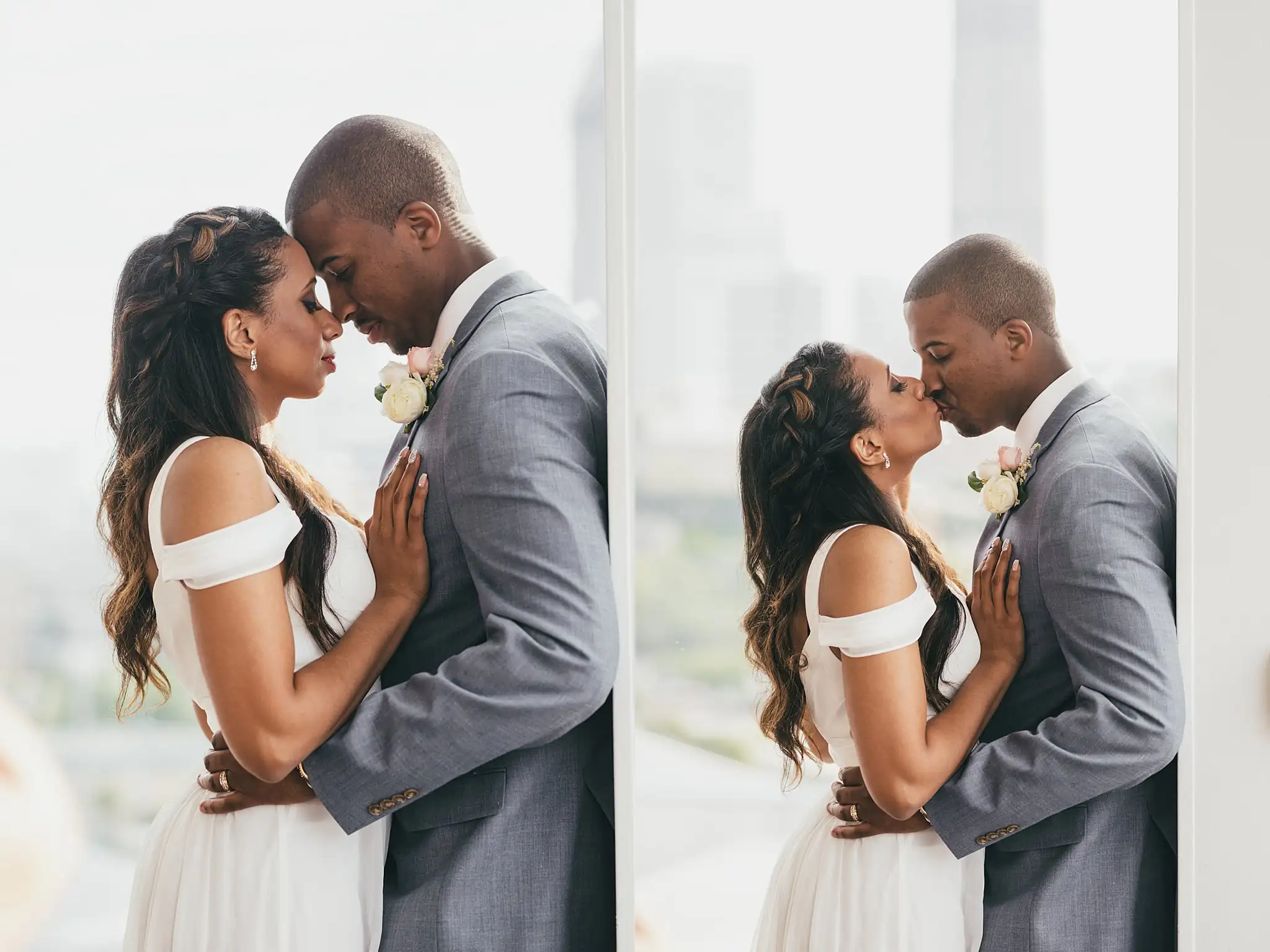 Wedding Formals: the couple with their foreheads together at the glass, at their elopement at Ventanas in Atlanta, GA
