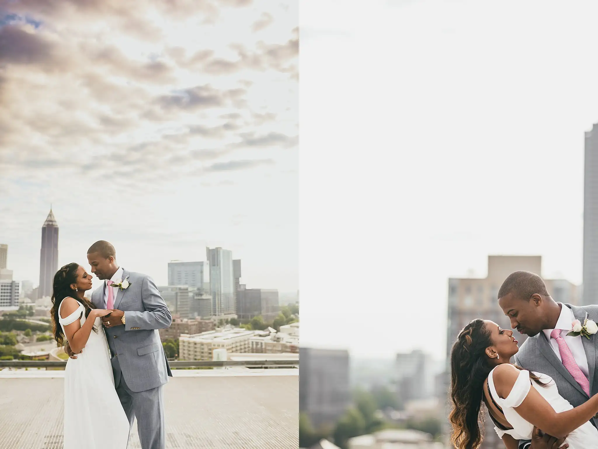 Wedding Formals: the couple against the morning sky, and kissing, at their elopement at Ventanas in Atlanta, GA